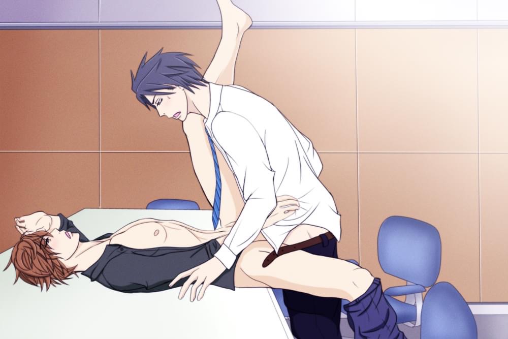 2boys anal anal_sex gay kirishima_zen leg_on_shoulder male male_only male_penetrated male_penetrating necktie on_back on_table receiving_on_back sekaiichi_hatsukoi sex yaoi yokozawa_takafumi