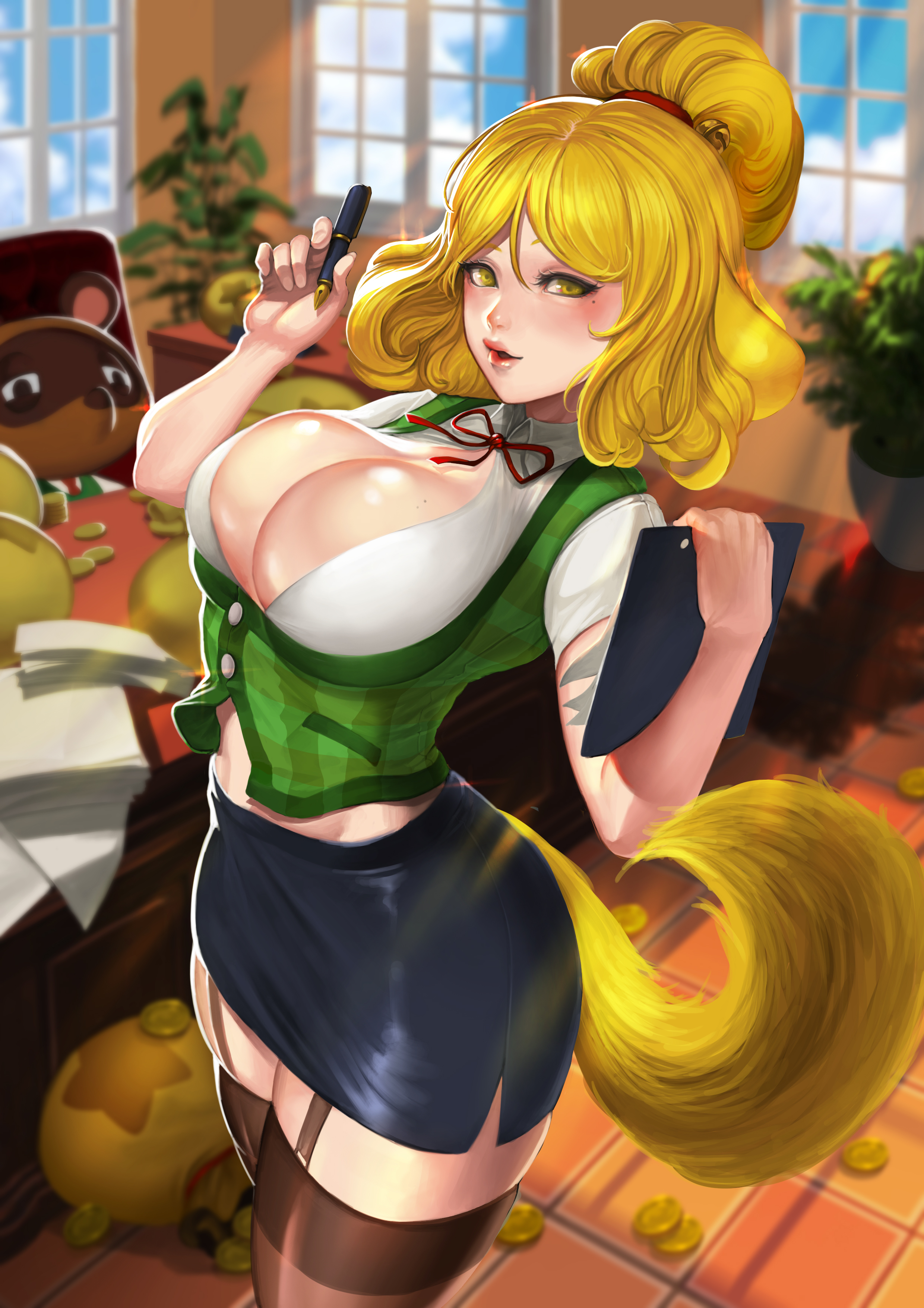 animal crossing, bells (animal crossing), black skirt, blonde hair, breasts, business suit, canine, cleavage, coin, dog ears, dog girl, dog tail, female, humanized, isabelle (animal crossing), large breasts, makeup, miniskirt, money, nintendo, office, office lady, pencil skirt, pixiv id 14052197, raccoon, secretary, skirt, skirt suit, tail, thighhighs, tight skirt, tom nook, yuudokou shounen