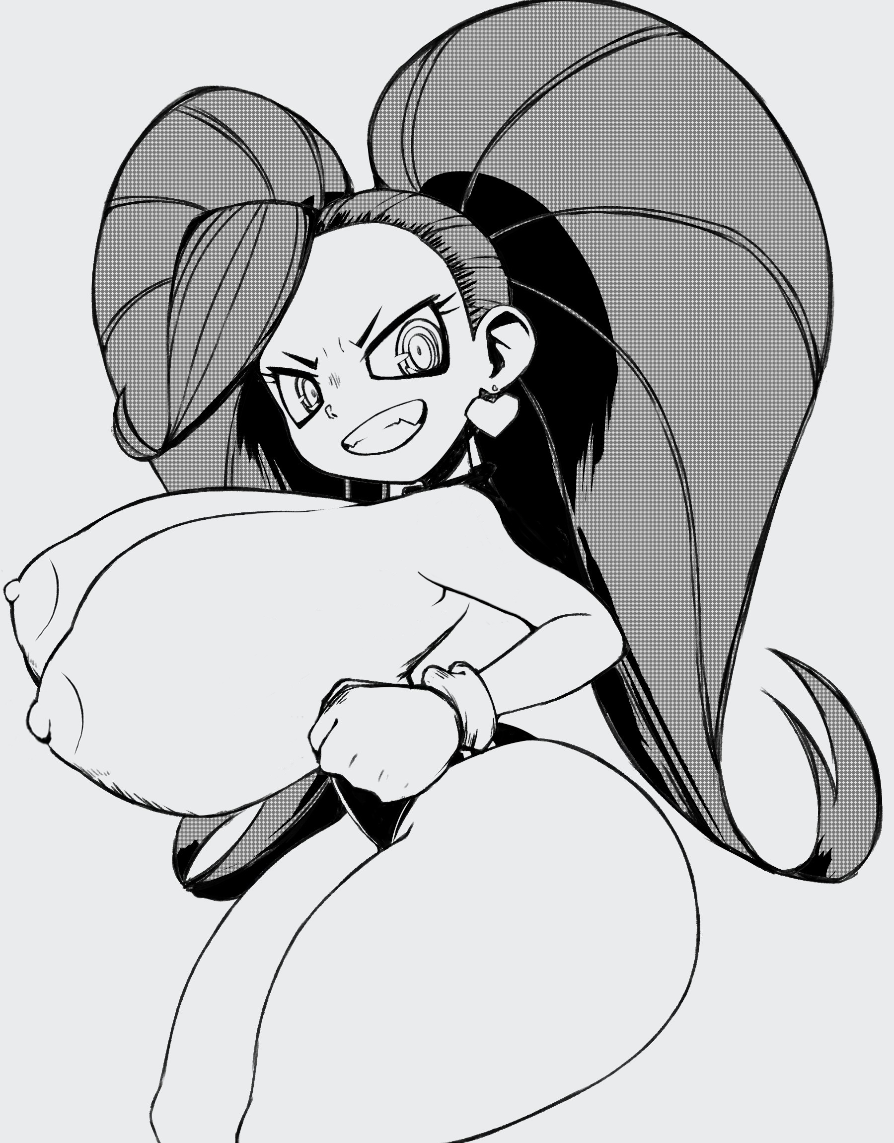 1girls, aiba manami, alternate breast size, angry, areolae, armpits, ass, big ass, big breasts, big eyes, big hair, bodysuit, breasts, breasts out, clothes, crazy eyes, earrings, edit, eye contact, female, female only, gloves, grey background, greyscale, grin, gritted teeth, half-closed eyes, heart, huge breasts, kazuya zoey, la brava (my hero academia), large ass, large breasts, long hair, looking at viewer, monochrome, my hero academia, nipples, pigtails, ringed eyes, shortstack, side view, small but busty, smile, solo, teeth, thick thighs, topless, twintails, wide hips