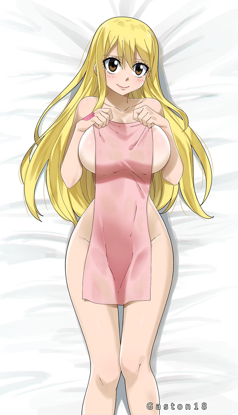 1girls, blonde hair, blonde-haired female, fairy tail, fairy tail mark, female, female only, gaston18, hand tattoo, lucy heartfilia, lying on bed, nude, pink tattoo, solo, tattoo, tattoo on hand, tattooed hand, towel, towel only