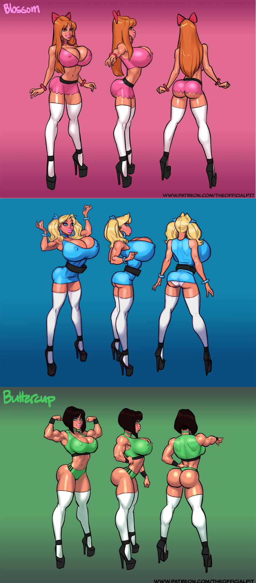 3girls, adapted costume, aged up, ass, ass in dress, bare midriff, biceps, big breasts, big lips, bimbo, black hair, blonde hair, blossom (powerpuff girls), blue eyes, bracelet, breasts, brown eyes, bubble ass, bubble butt, bubbles (powerpuff girls), busty, buttercup (powerpuff girls), cartoon network, character sheet, choker, cleavage, earrings, erect nipples, female, female focus, female only, full body, green eyes, high heels, hoop earrings, hourglass figure, huge breasts, large breasts, lipstick, long hair, model sheet, multiple females, multiple girls, muscular, muscular female, navel, nipple bulge, nipples, orange hair, platform heels, pose, posing, powerpuff girls, redhead, short hair, skimpy, skimpy clothes, standing, tagme, theofficialpit, thick lips, thighhighs, whore heels, wide hips