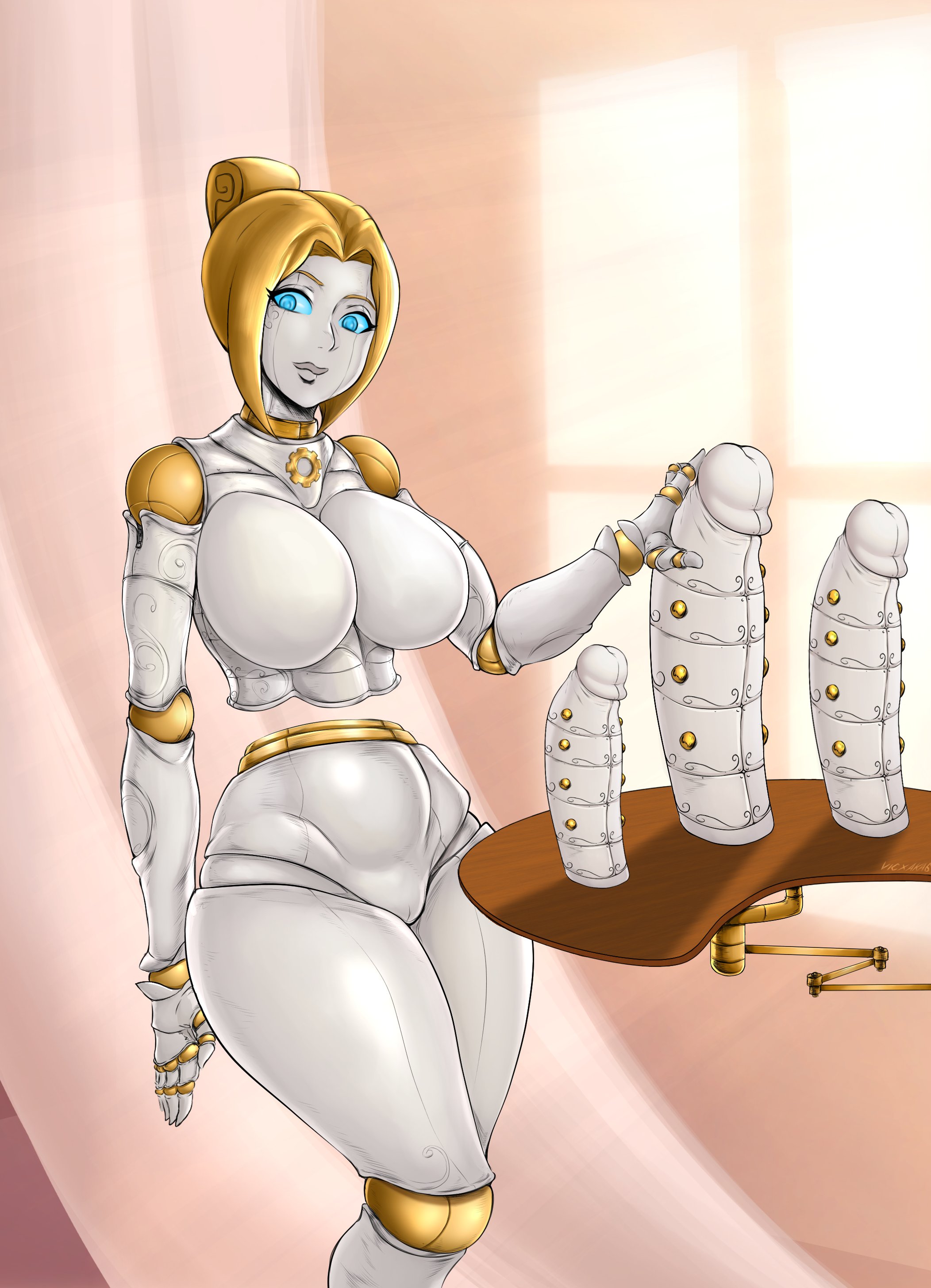 1girls, big breasts, breasts, cleavage, dildo, female, female only, large breasts, league of legends, orianna, robot, solo, thick thighs, vicsenpai, wide hips