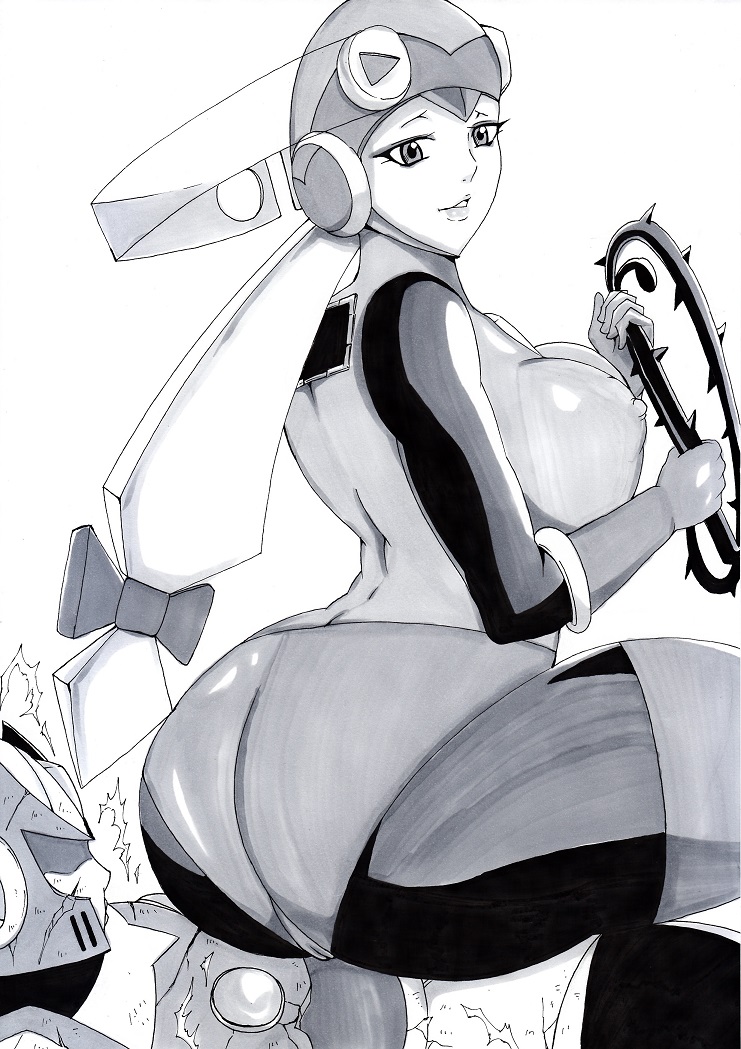 1boy 1girls artist_request ass big_ass big_breasts black_and_white breasts capcom clothed larger_female mega_man mega_man_battle_network mega_man_x rockman rockman_exe rockman_x roll.exe straight zero_(mega_man)