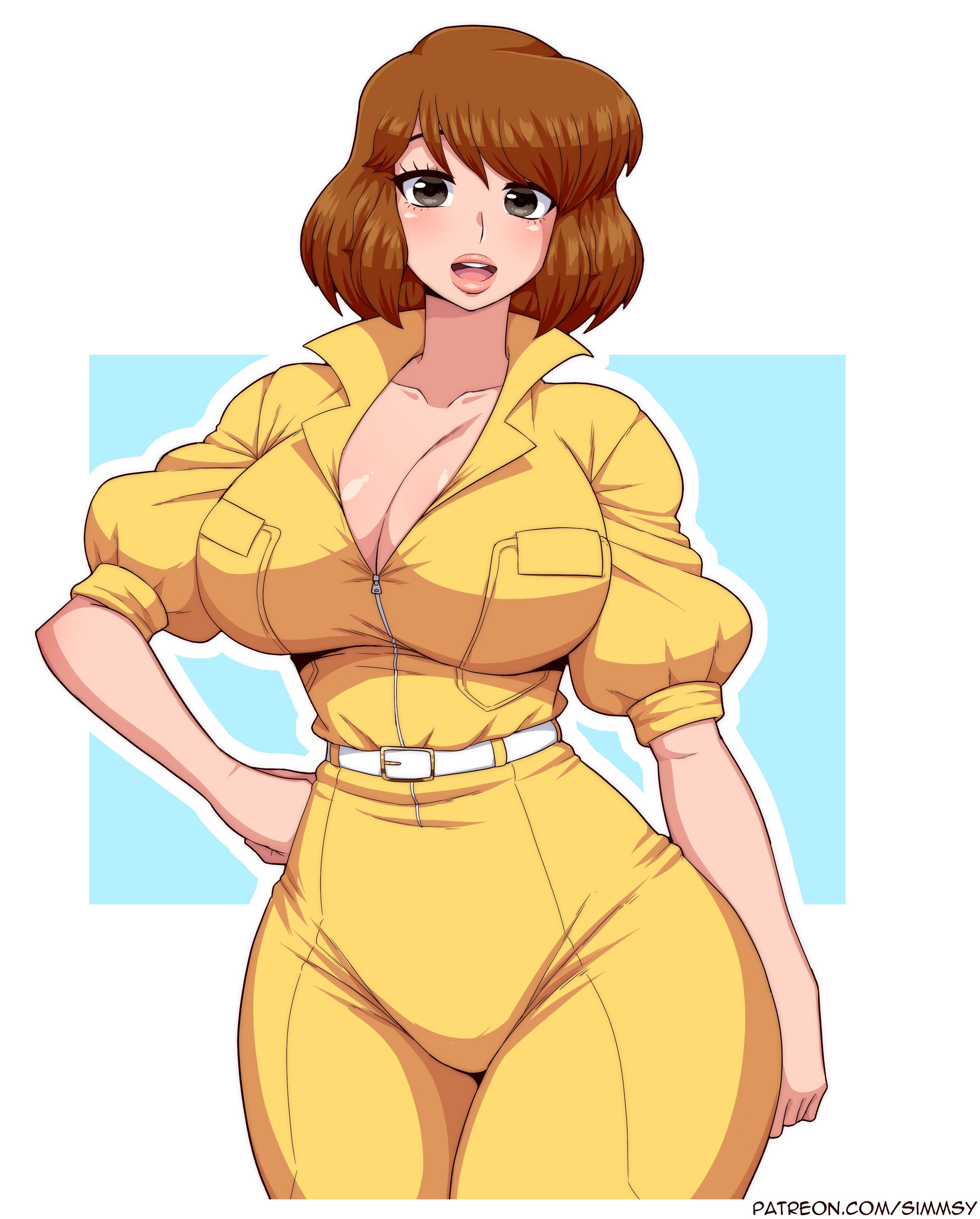 1girls, april o'neil, april o'neil (tmnt 1987), big breasts, breasts, brown eyes, brown hair, cleavage, clothed, clothing, female, female only, giant breasts, huge breasts, jumpsuit, looking at viewer, patreon username, short hair, simmsy, solo, solo female, standing, teenage mutant ninja turtles, tmnt 1987, voluptuous, voluptuous female, wide hips