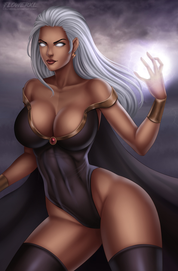 big breasts, breasts, dark skin, dark-skinned female, female, female only, flowerxl, long hair, marvel, marvel comics, mutant, ororo munroe, solo, solo female, solo focus, storm (x-men), white hair, x-men