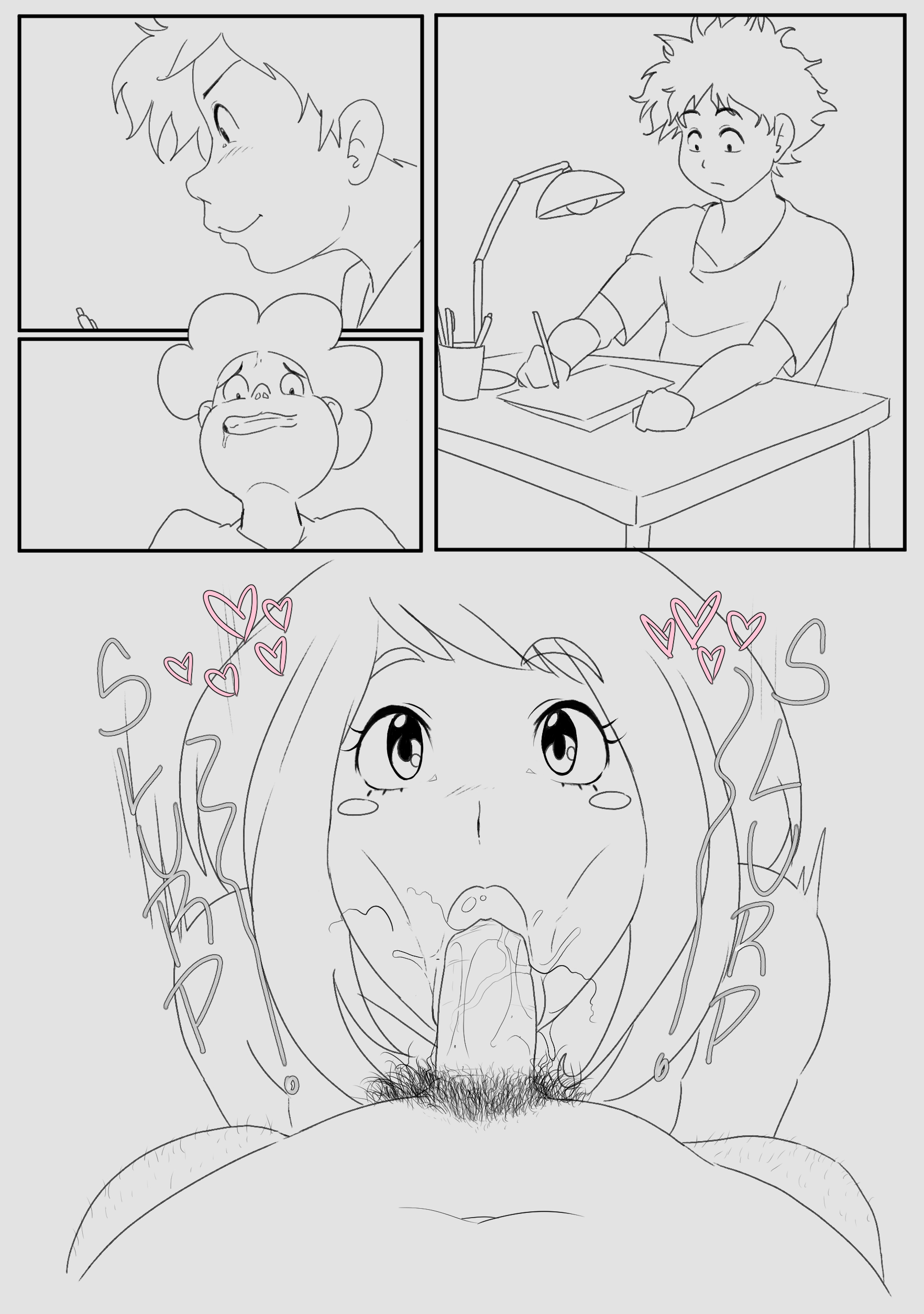 :>=, bittercream, blowjob, blowjob face, comic, fellatio, female, izuku midoriya, minoru mineta, my hero academia, near monochrome, ochako uraraka, pubes, pubic hair, sketch