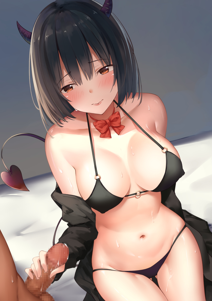 bare_shoulders bikini black_bikini black_hair black_jacket bow bowtie breasts brown_eyes censored cleavage collarbone covered_nipples demon_girl demon_horns demon_tail erection female groin halter_top halterneck handjob horns jacket large_breasts medium_hair mosaic_censoring navel off_shoulder open_clothes open_jacket original penis red_neckwear smile solo_focus stomach string_bikini succubus suzuame_yatsumi sweat swimsuit tail thighs