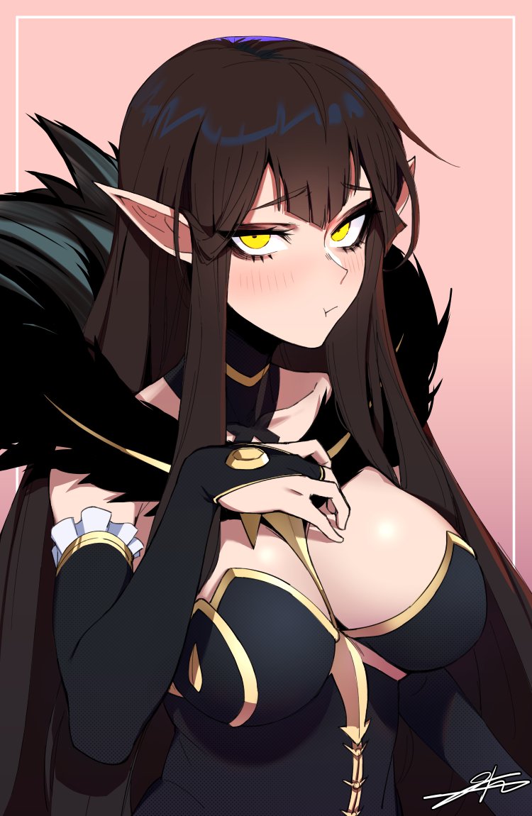 1girls big_breasts blush dark_hair dress eyeshadow fate/apocrypha fate/grand_order fate_(series) j.k. looking_at_viewer pointy_ears puffed_cheeks semiramis_(fate) yellow_eyes