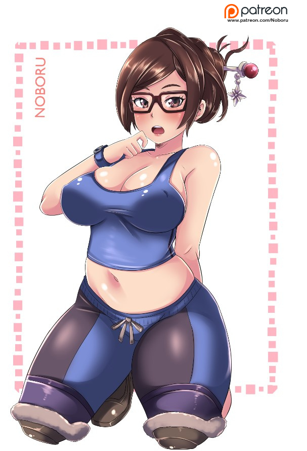 big breasts, blush, breasts, cleavage, eyewear, female, female only, glasses, kneeling, large breasts, mei (overwatch), midriff, nipples, nipples visible through clothing, noboru revista, overwatch, solo, solo female, solo focus, tank top, thick thighs