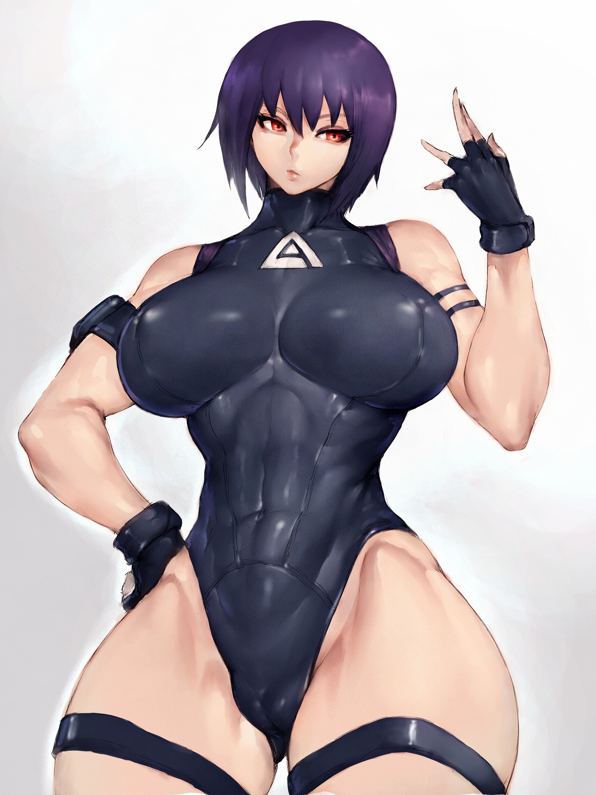 big breasts, breasts, clothing, female, female only, fumio (rsqkr), ghost in the shell, ghost in the shell sac 2045, human, kusanagi motoko, leotard, nipples, nipples visible through clothing, nonsexual, pale skin, purple hair, short hair, solo, solo female, solo focus, thunder thighs