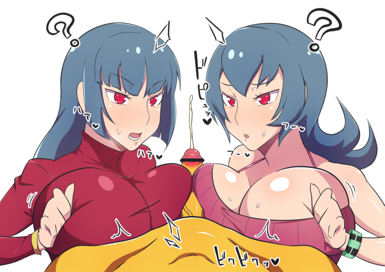 ?, 1boy, 2girls, alternate breast size, alternate costume, alternate outfit, anthro, anthrofied, big breasts, blue hair, blush, bracelet, breast to breast, breasts, censor bar, censored, clone, clothed female nude male, clothed paizuri, clothed sex, clothing, cum, cumshot, dd (artist), double paizuri, dual persona, ejaculation, ejaculation between breasts, female, feral pov, half-closed eyes, huge breasts, human, hypno, interspecies, light skin, light-skinned female, long hair, looking at viewer, male, male pov, mind control, nintendo, no bra, outercourse, paizuri, pale skin, pale-skinned female, penis, pokemon, pokemon (species), pokemon hgss, pokemon rgby, pokephilia, pov, red eyes, sabrina (pokemon hgss), sabrina (pokemon), sweat, symmetrical docking, teamwork, text, threesome, time paradox, trembling, veins, white background, yellow fur