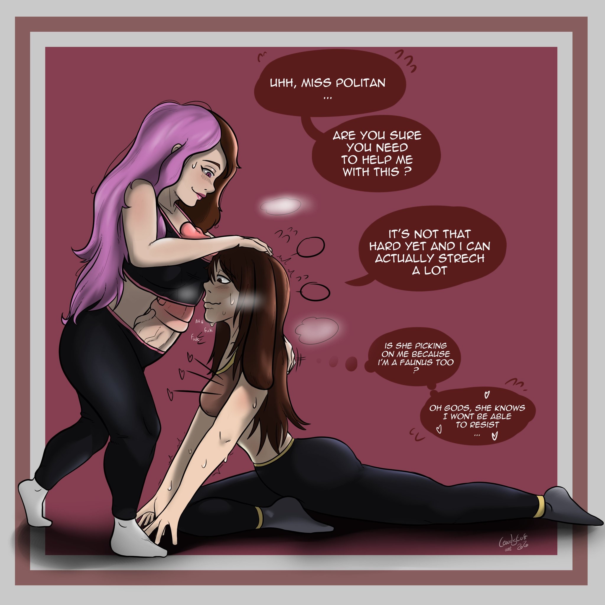 1futa, 1girls, animal genitalia, animal penis, autopaizuri, brown eyes, brown hair, bunny ears, bunny girl, clothed, faunus, female, futa on female, futanari, heterochromia, horsecock, horsecock futa, human with animal genitalia, human with horsecock, intersex, lewdstuff, multicolored hair, neo (rwby), penis, pink eyes, pink hair, rwby, text, velvet scarlatina, workout clothes, yoga, yoga pants