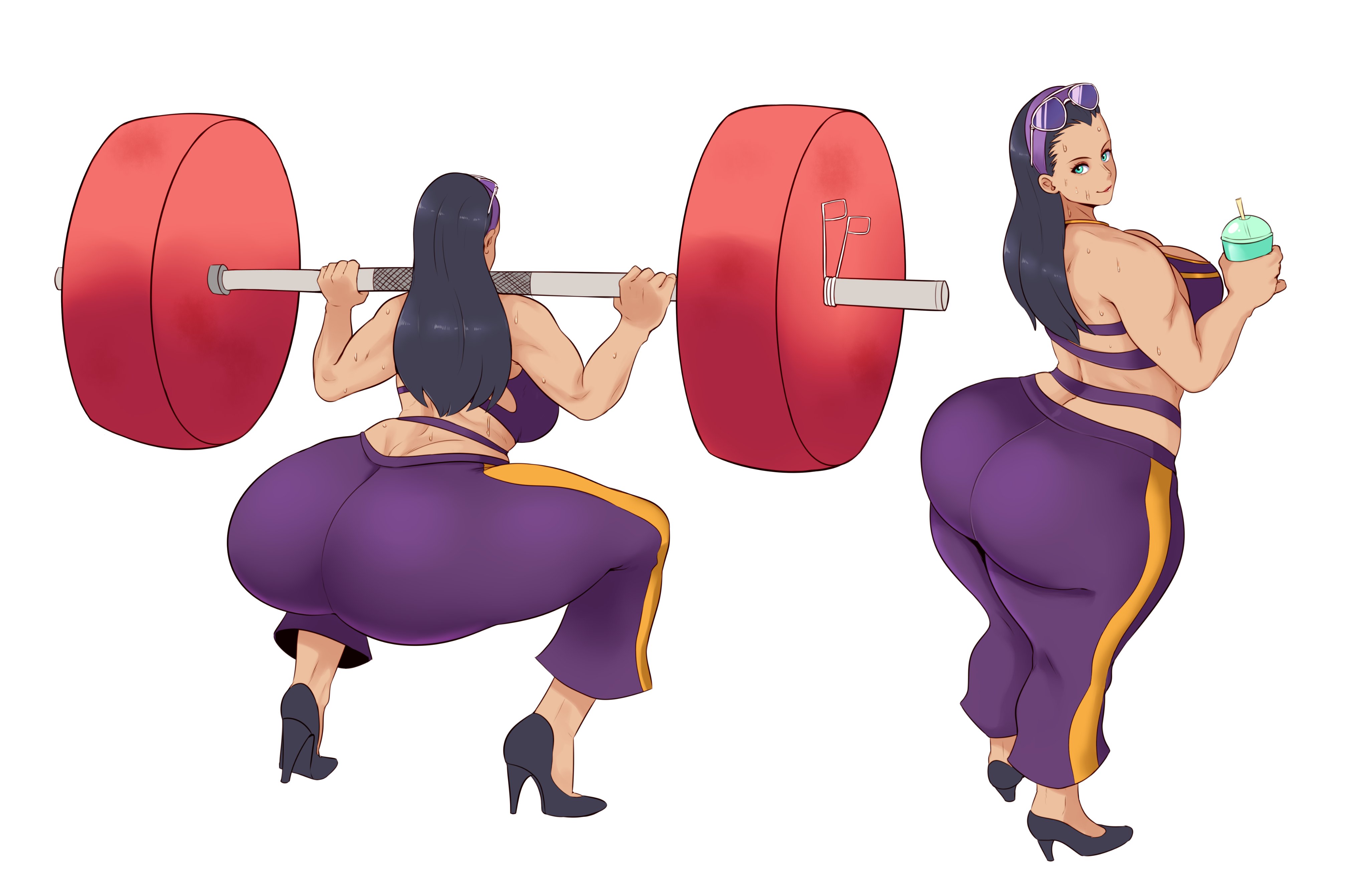1girls, 2020, 2d, 2d (artwork), ass, big breasts, black hair, breasts, exercise, female, female only, high heeled shoes, high heels, huge ass, huge breasts, large breasts, long hair, muscular, muscular female, naughty face, nico robin, one piece, seductive, solo, solo female, sports bra, sportswear, squat, squatting, sunglasses on head, sunnysundown, sweat, thick thighs, weightlifting, weights, yoga pants