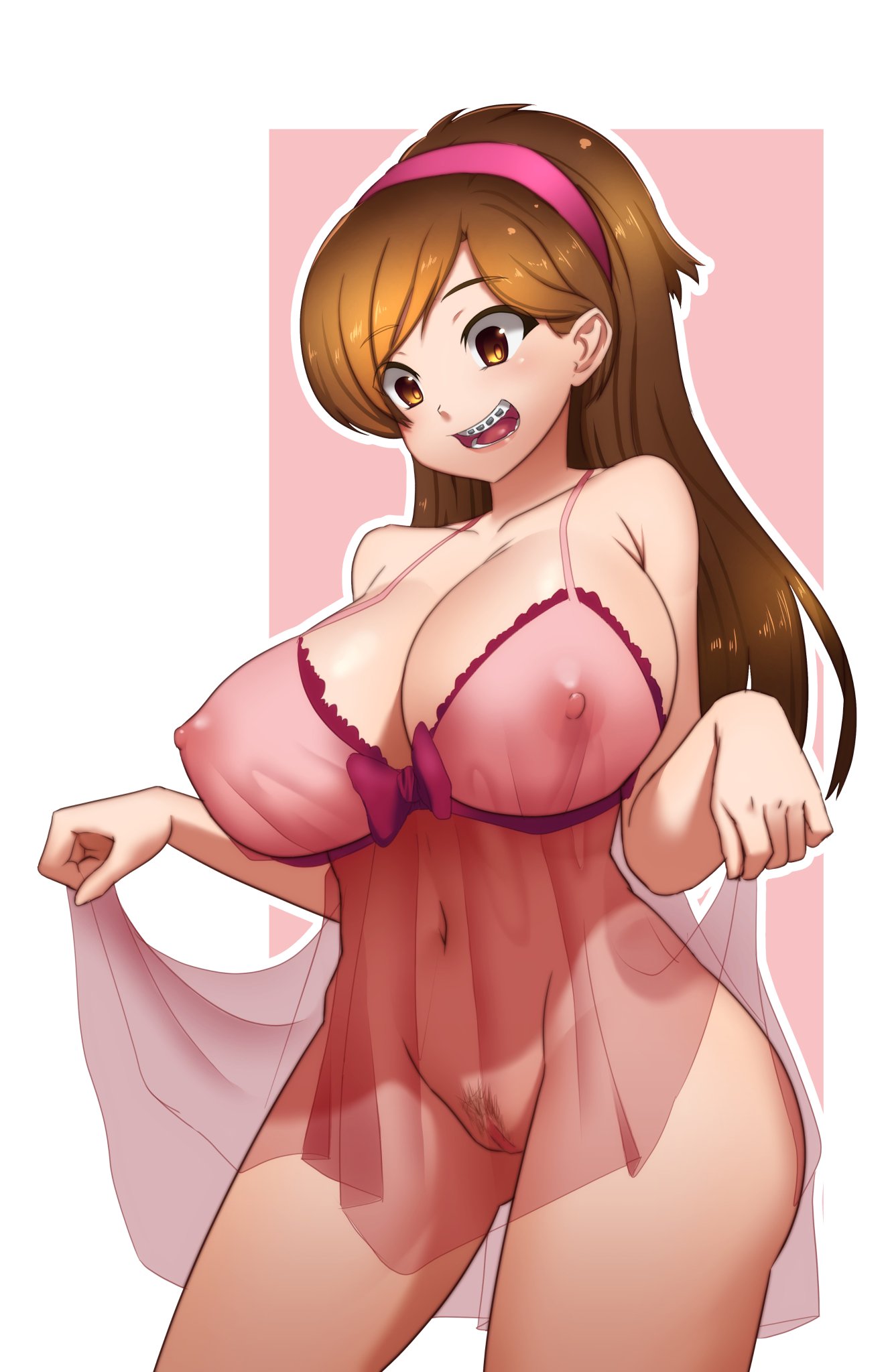 1girls, aged up, areolae, big breasts, bottomless, braces, breasts, brown eyes, brown hair, cleavage, disney, disney channel, disney xd, female, female only, gravity falls, hairband, human, human only, light skin, light-skinned female, long hair, mabel pines, navel, nipples, no bra, oppaihobby, pubic hair, shiny hair, smile, solo, standing, thighs, transparent clothing, white female