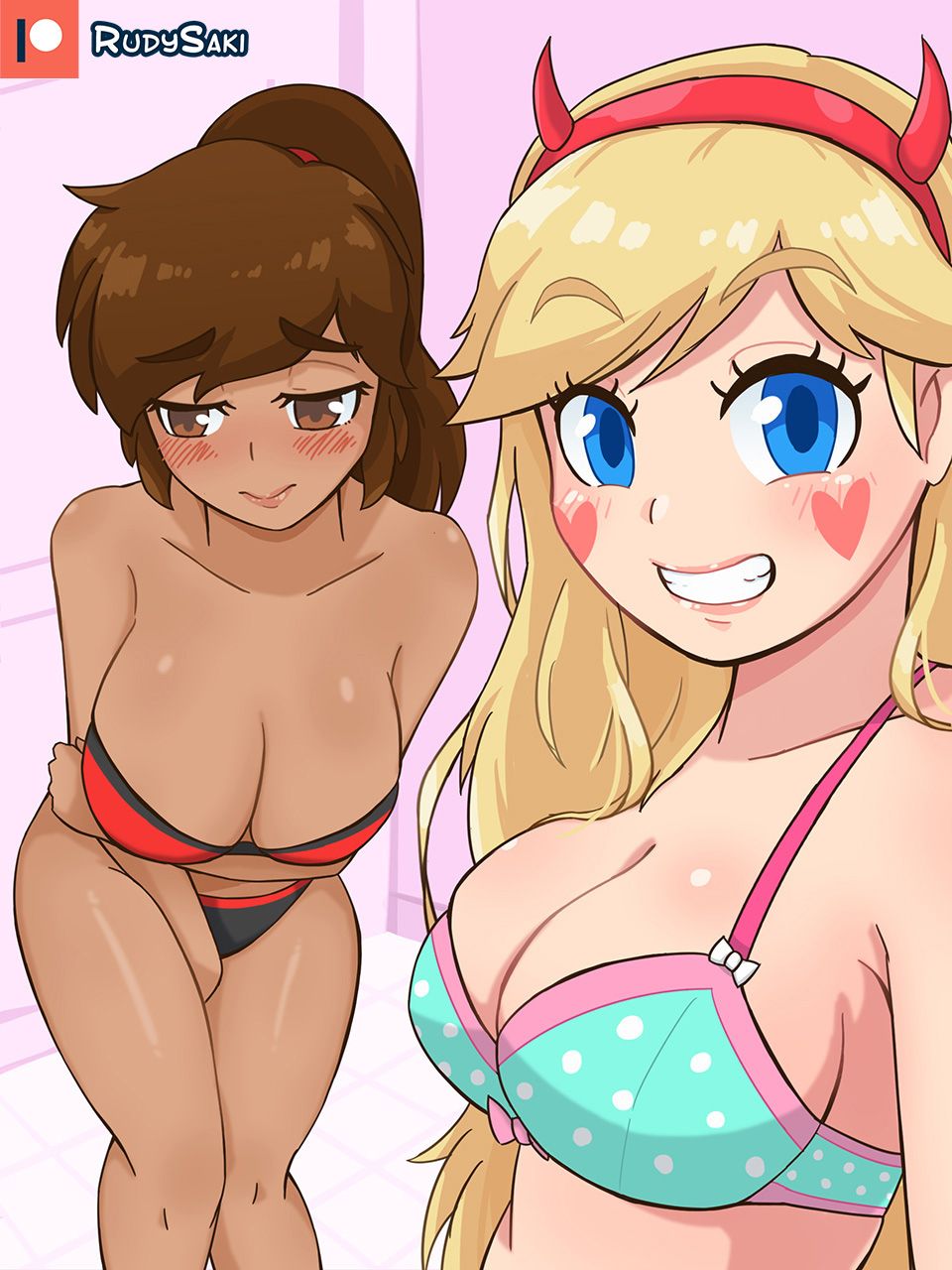 2girls bikini blonde_hair blue_eyes blush brown_hair dark-skinned_female devil_horns disney disney_channel disney_xd duplicate embarrassed eyebrows_visible_through_hair fake_horns female genderswap genderswap_(mtf) hair_ornament interracial large_breasts latina looking_at_viewer looking_away marco_diaz pale-skinned_female ponytail princess_marcia princess_marco rudy_saki rule_63 selfie smile star_butterfly star_vs_the_forces_of_evil strapless_bikini tanned_skin white_female