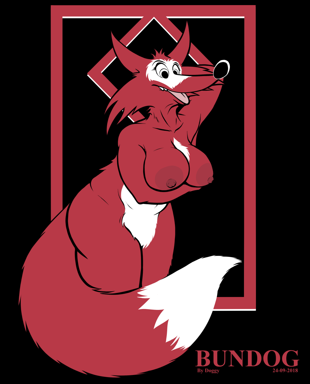 2018 anthro bundog company_logo female furry large_breasts logo mascot one_arm_up solo tail titus_interactive titus_the_fox_(character) tongue_out vulpine