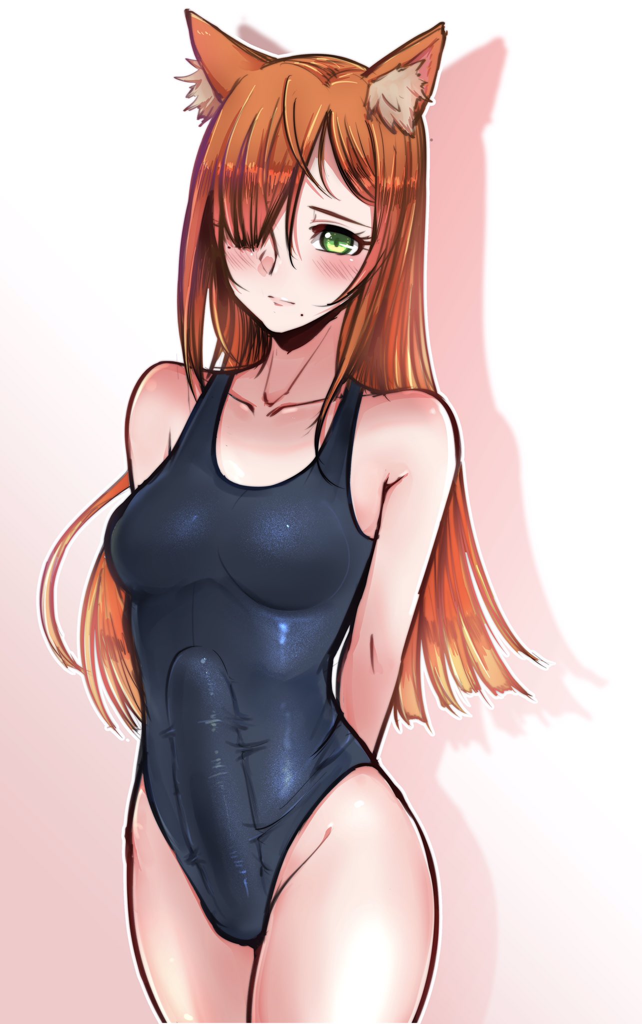 1futa, blush, breasts, bulge, cameltail, curvy, erection, erection in panties, erection under clothes, futa only, futa sans balls, futanari, huge penis, intersex, looking at viewer, medium breasts, one-piece swimsuit, panties, panty bulge, penis, penis bulge, penis in panties, penis under clothes, solo, solo futa, swimsuit, tenting, tinnies