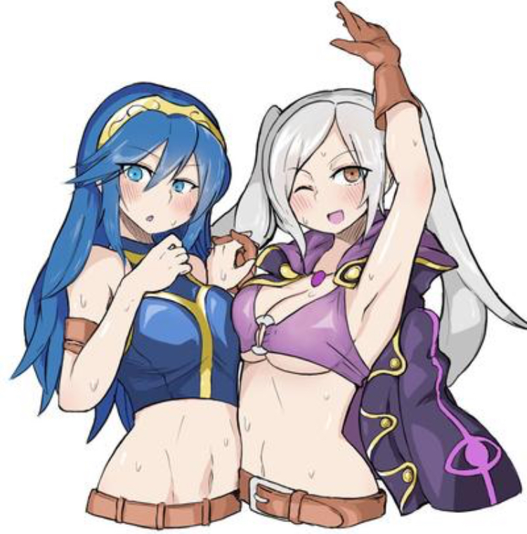 big breasts, bikini, bikini top, blue eyes, blue hair, blush, bra, breasts, cape, embarrassed, female, female only, fire emblem, fire emblem awakening, fire emblem cipher, fire emblem heroes, holding hands, looking at viewer, lucina (fire emblem), open mouth, purple eyes, robin (fire emblem), robin (fire emblem) (female), smile, smiling, sweat, white hair, white-stew