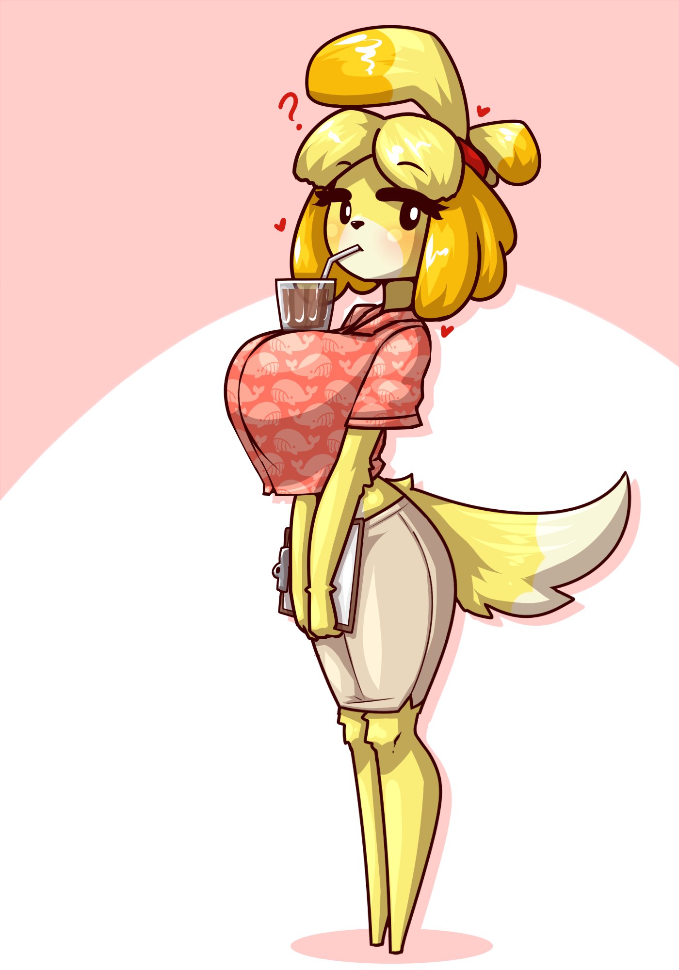 ?, animal crossing, anthro, blush, breasts, bubble tea challenge, canid, canine, canis, clothed, clothing, drink on breasts, drinking, female, fur, furry, furry only, heart, hi res, huge breasts, humanoid, isabelle (animal crossing), limebreaker, nintendo, tagme, tail, yellow fur