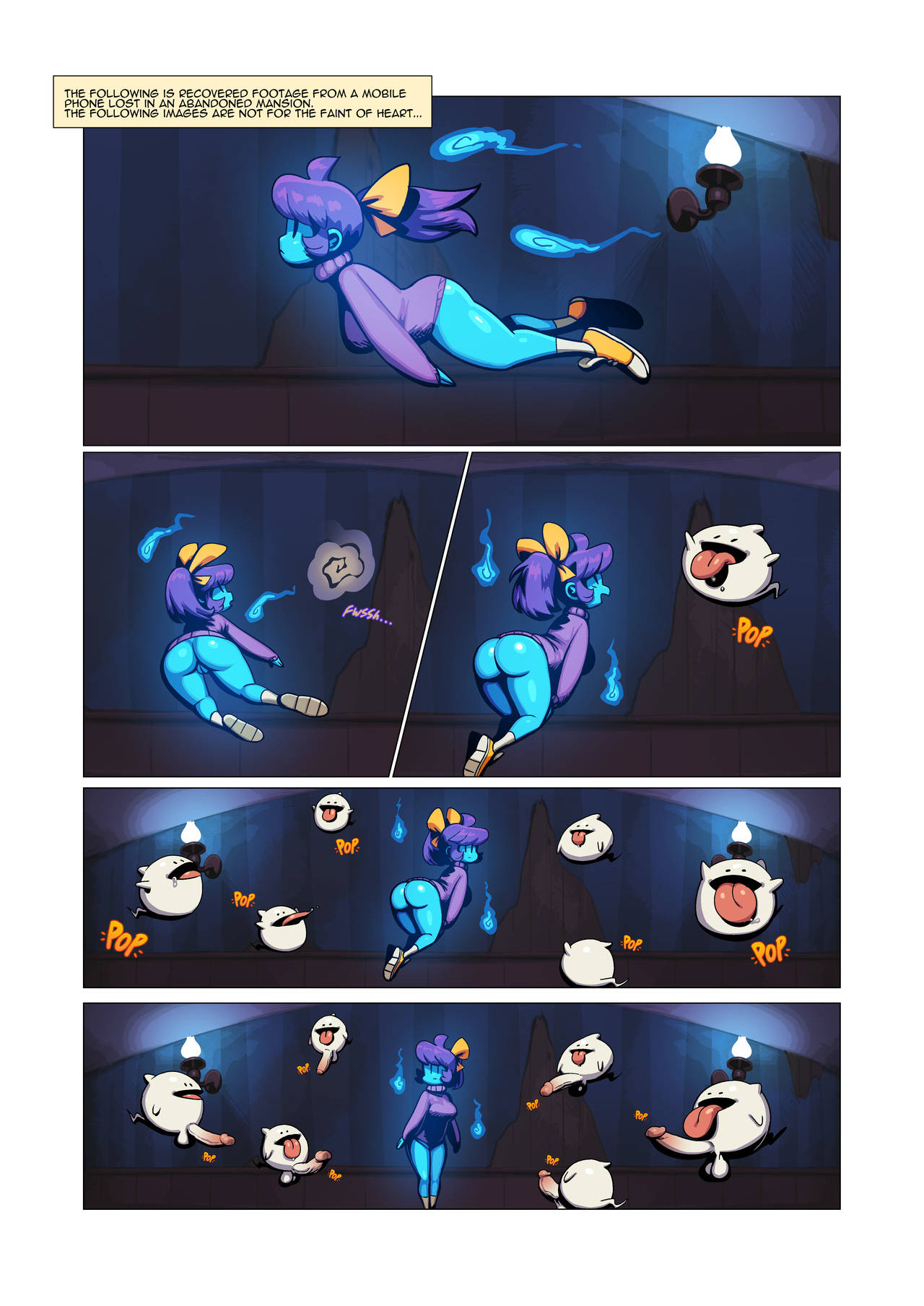 6+boys, 6boys, ass, big ass, big breasts, bottomless, breasts, comic, female, floating, ghost, ghost girl, imminent gangbang, male, marina (noill), mob face, multiple boys, multiple males, noill, original, original character, ponytail, pussy, shoes, sneakers, sneakers without bottomwear, sweater, text