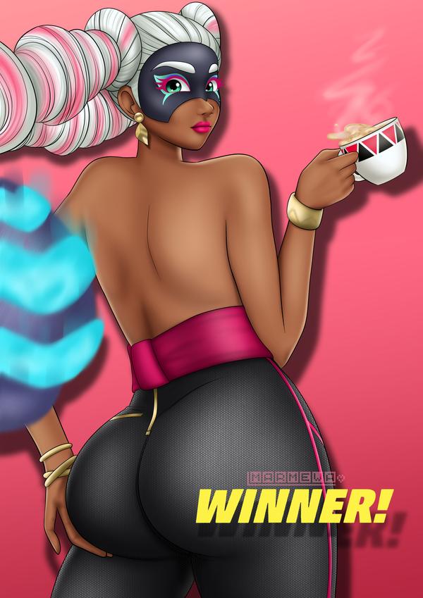 arms_(game) big_ass dark-skinned_female dark_skin dat_ass female female_only looking_at_viewer looking_back luchador_mask marmewa nintendo nintendo_switch no_shirt simple_background solo straight_hair twintelle uncensored white_hair