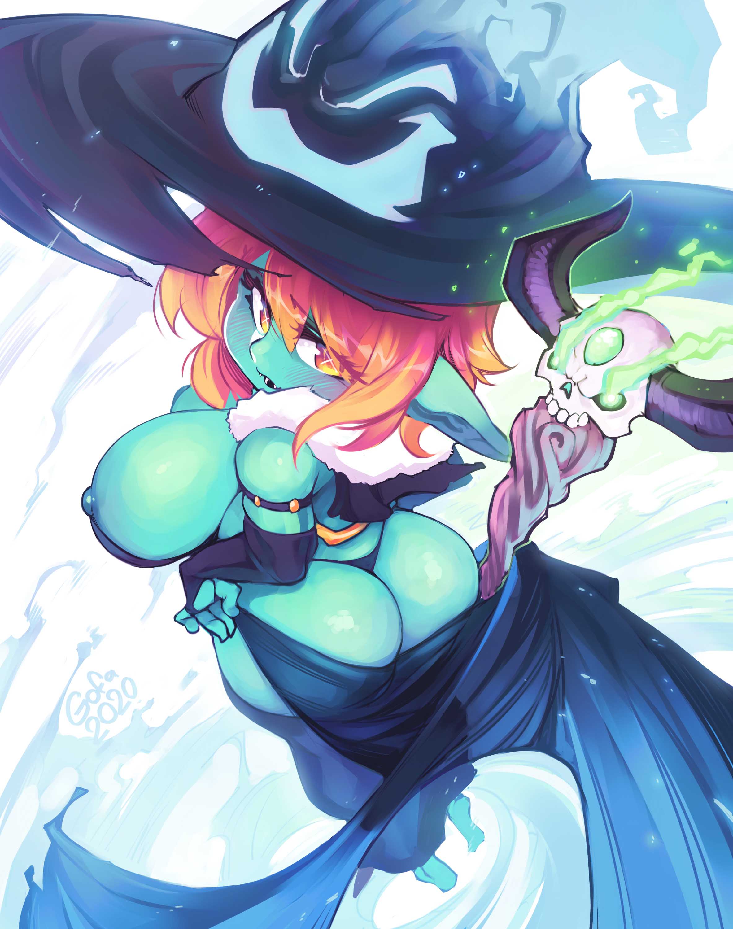 1girls, adelia (changbae), areolae, ass, ass cleavage, ass crack, breasts, butt crack, cleavage, curvy, female, female only, goblin, goblin female, gofa, green skin, huge ass, huge breasts, long hair, looking back, nipples, orange hair, original, shortstack, solo, sorceress, staff, thick thighs, thong, witch hat