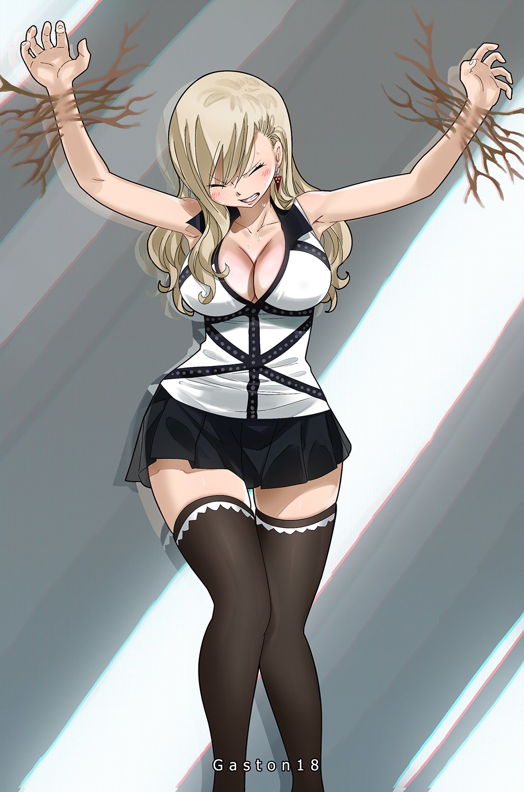 1girls, blonde hair, blonde-haired female, bondage, breasts, cleavage, edens zero, eyes closed, female, female only, femsub, gaston18, large breasts, long hair, rebecca bluegarden, restrained, skirt, solo, thighhighs, wide hips
