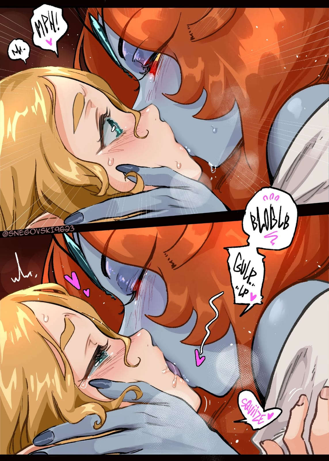2d, 2girls, bathing, blonde hair, blue skin, blush, breath of the wild, close-up, color, comic, doujinshi, female, female only, femdom, french kiss, hands behind head, kissing, lesbian kiss, licking lips, midna, multiple girls, nintendo, panels, princess zelda, red eyes, saliva, snegovski, tears of the kingdom, the legend of zelda, twili midna, twilight princess, yuri, zelda (tears of the kingdom)