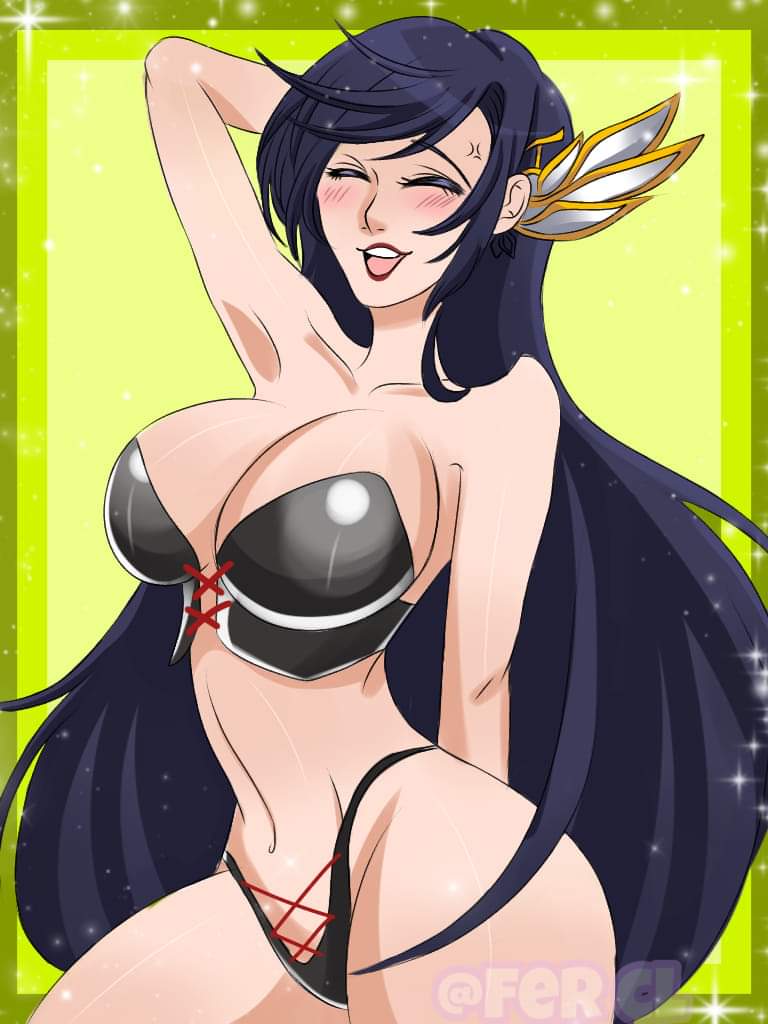 1girls, anger vein, blush, breasts, brunhilde (shuumatsu no valkyrie), bustier, curvy, eyes closed, female, large breasts, lingerie, lipstick, shuumatsu no valkyrie, smile, solo, tagme, thick thighs, thin waist, valkyrie, wide hips