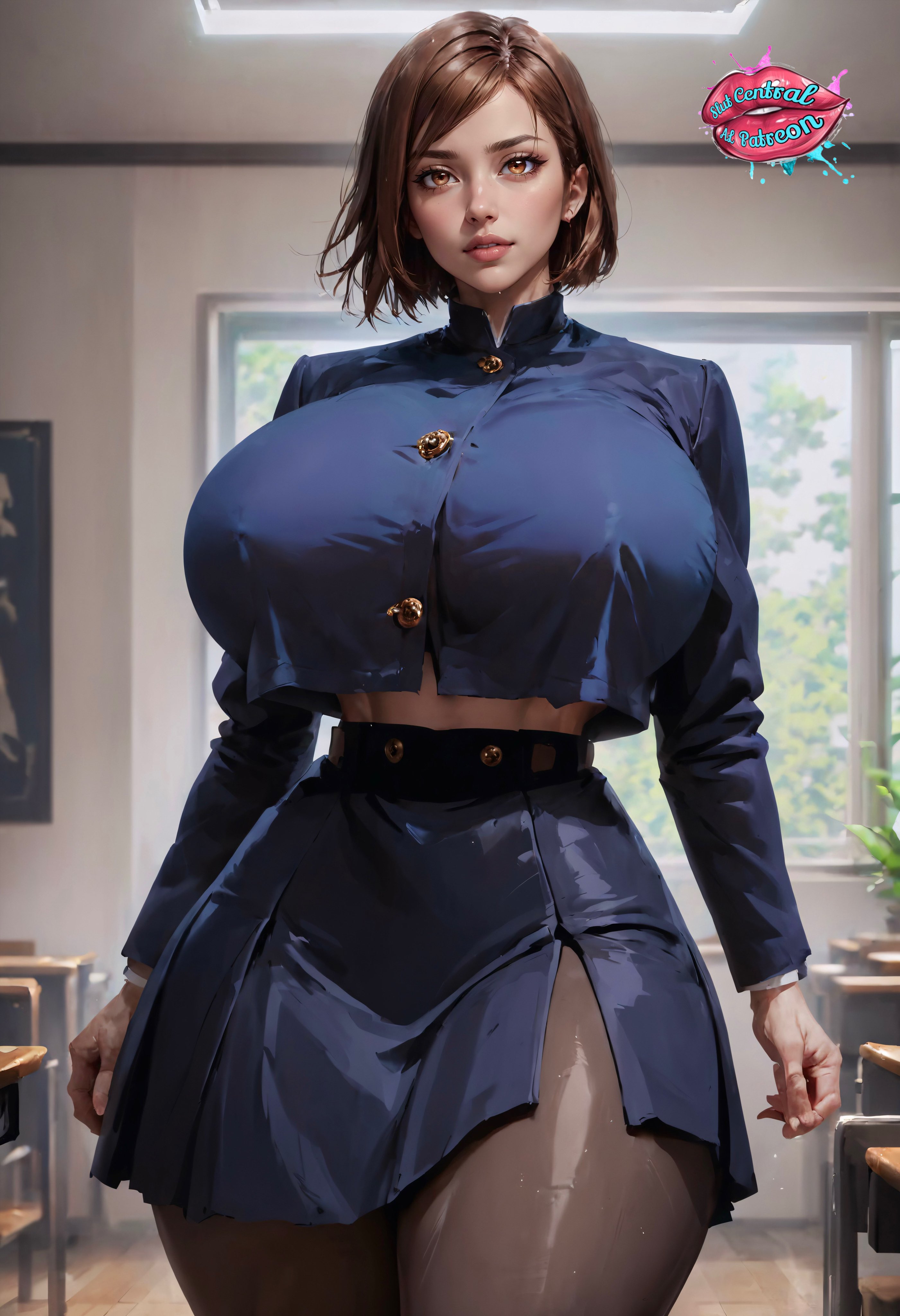 1girls, ai generated, big breasts, breasts, female, female only, huge breasts, jujutsu kaisen, kugisaki nobara, school uniform, slutcentralai, solo, solo female