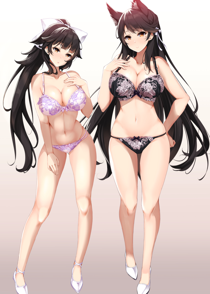 atago (azur lane), azur lane, black bra, black hair, black panties, black underwear, female, high heels, looking at viewer, purple bra, purple panties, purple underwear, sisters, takao (azur lane), white heels, yellow eyes