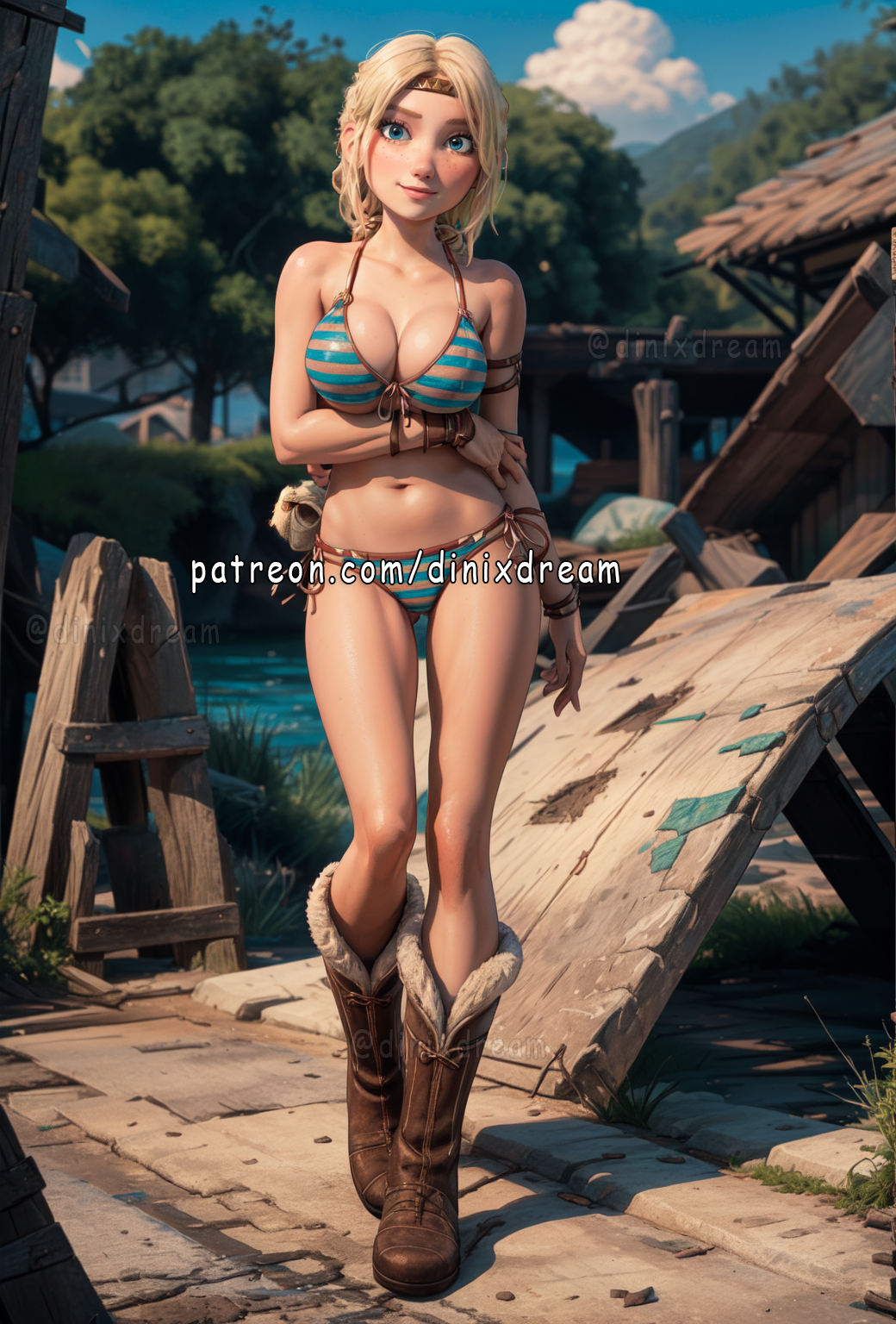 1girls, ai generated, astrid hofferson, bikini, bikini bottom, bikini top, blonde hair, blue eyes, breasts, cleavage, curvaceous, curvaceous body, curves, curvy, curvy body, curvy female, curvy figure, dinixdream, dreamworks, female, female only, hourglass figure, how to train your dragon, inner sideboob, light skin, light-skinned female, sideboob, solo, solo female, voluptuous, voluptuous female
