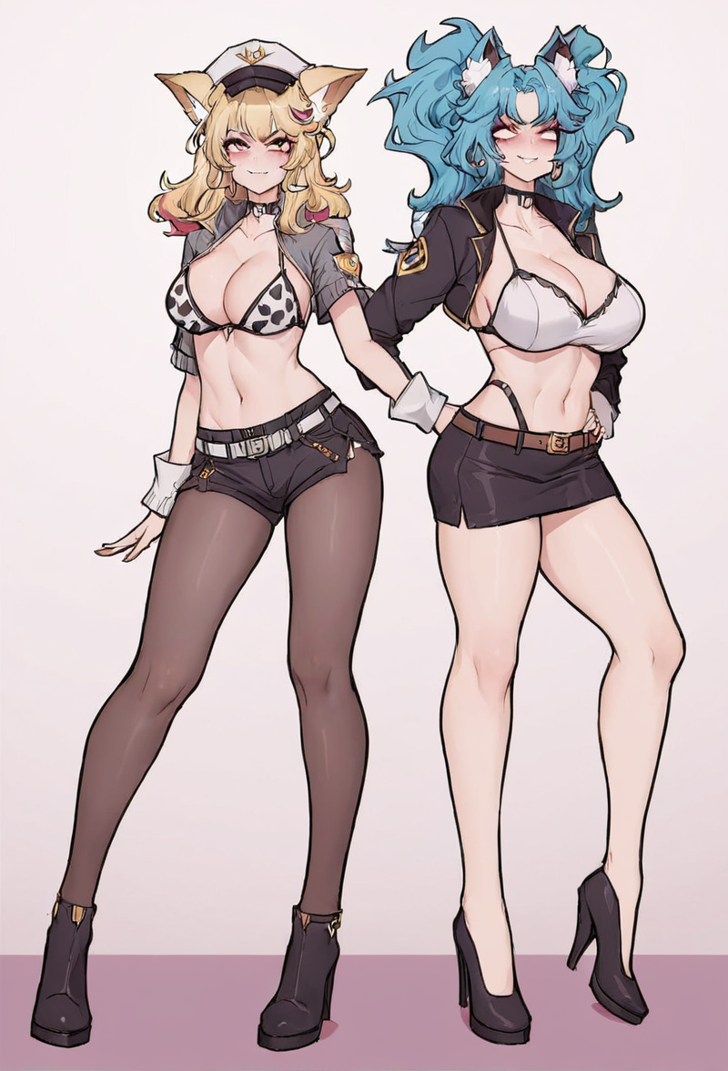 2girls ahri ai_failure ai_generated blonde_hair blue_hair blush boots breasts chilldarksona choker cleavage cuffs female female_only footwear fox_girl fully_clothed grin high_heel_boots high_heels league_of_legends miniskirt pantyhose popstar_ahri samiri shorts skimpy skimpy_clothes skirt smile sona_buvelle thong_straps