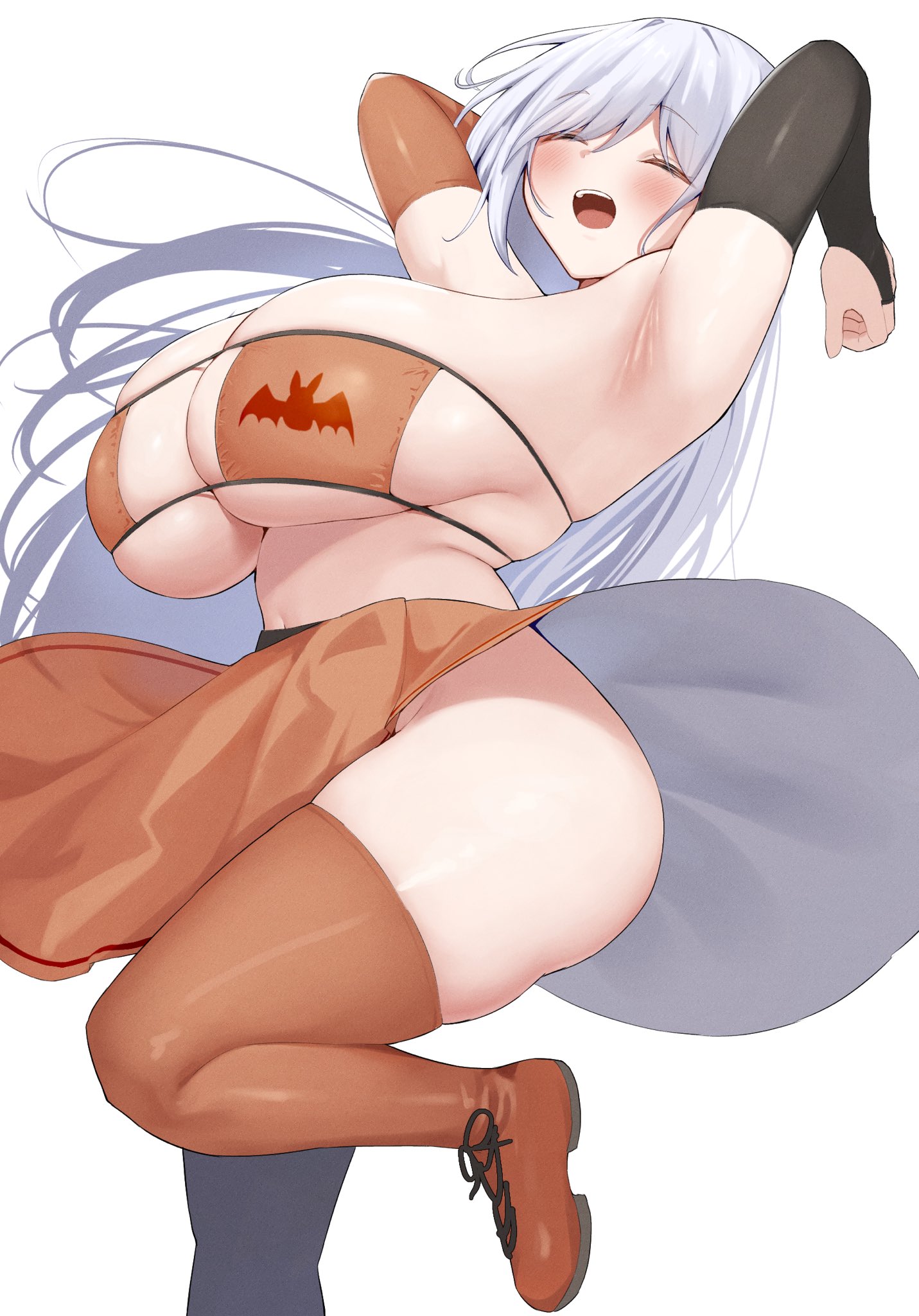 armpit, big breasts, bikini, boots, breasts, closed eyes, female, grey hair, huge breasts, jumping, kemomimimof (narodenden), loincloth, narodenden, open mouth, smiling