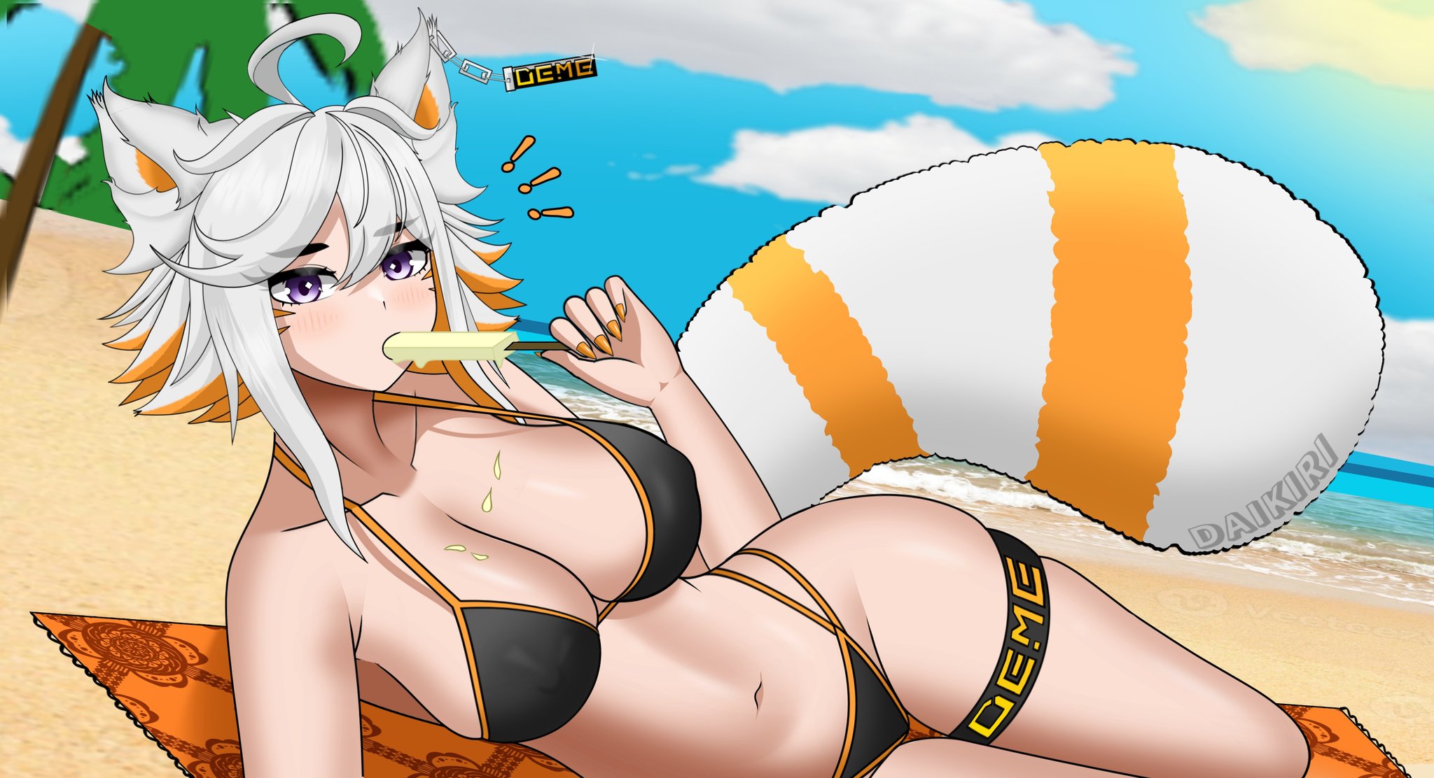 1girls, beach, beach towel, big breasts, bikini, blush, breasts, daikiri di mon, demenishki, exclamation mark, female, ice cream, large breasts, looking at viewer, multicolored hair, purple eyes, surprised, thighs, towel, virtual youtuber, vtuber, white hair