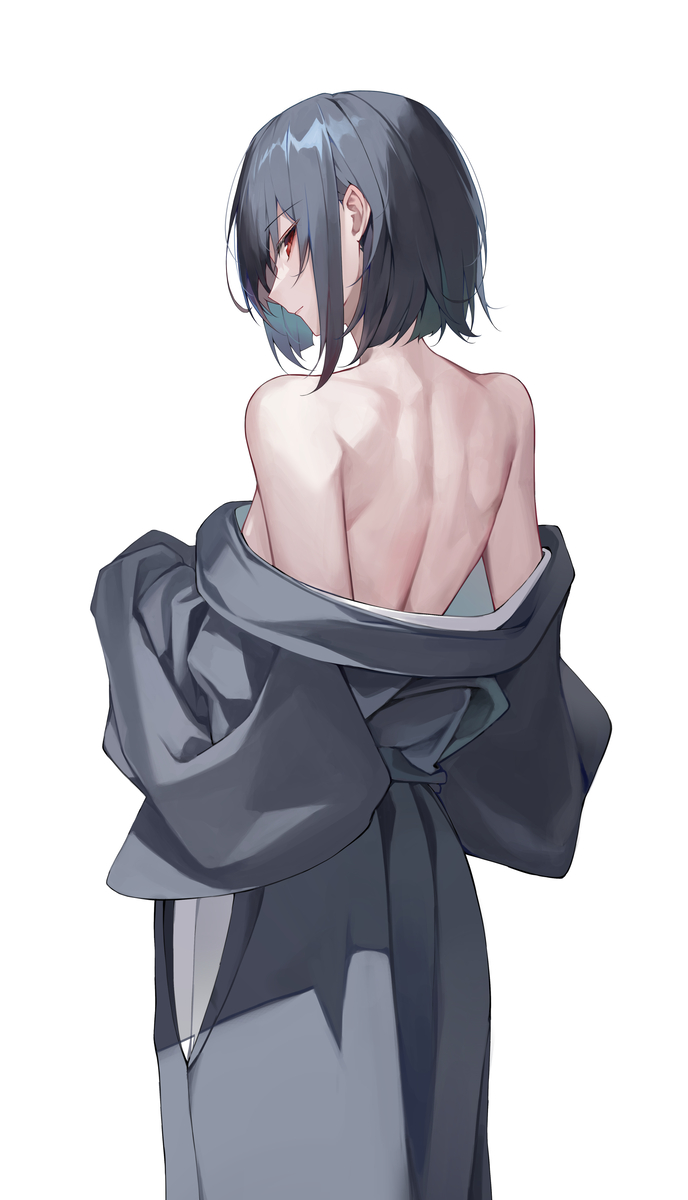 back, back view, half naked, limbus company, looking at viewer, project moon, red eyes, ryoshu (limbus company)