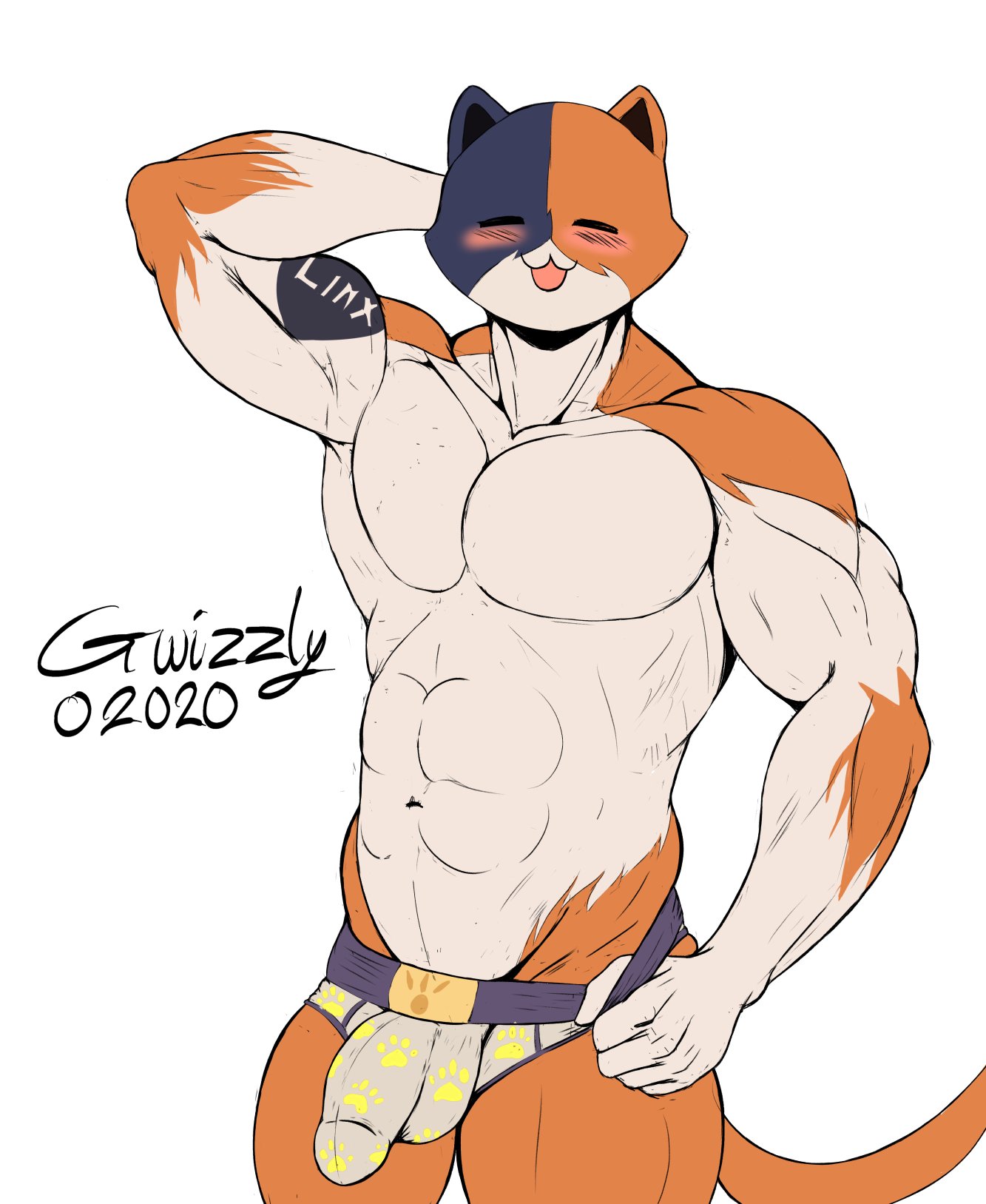 2020, anthro, bulge, calico cat, cat, cat tail, colored sketch, cute, epic games, feline, fortnite, gay, gwizzly, male, male only, meowscles (fortnite), muscular, muscular male, penis, sketch, strong, tagme, underwear
