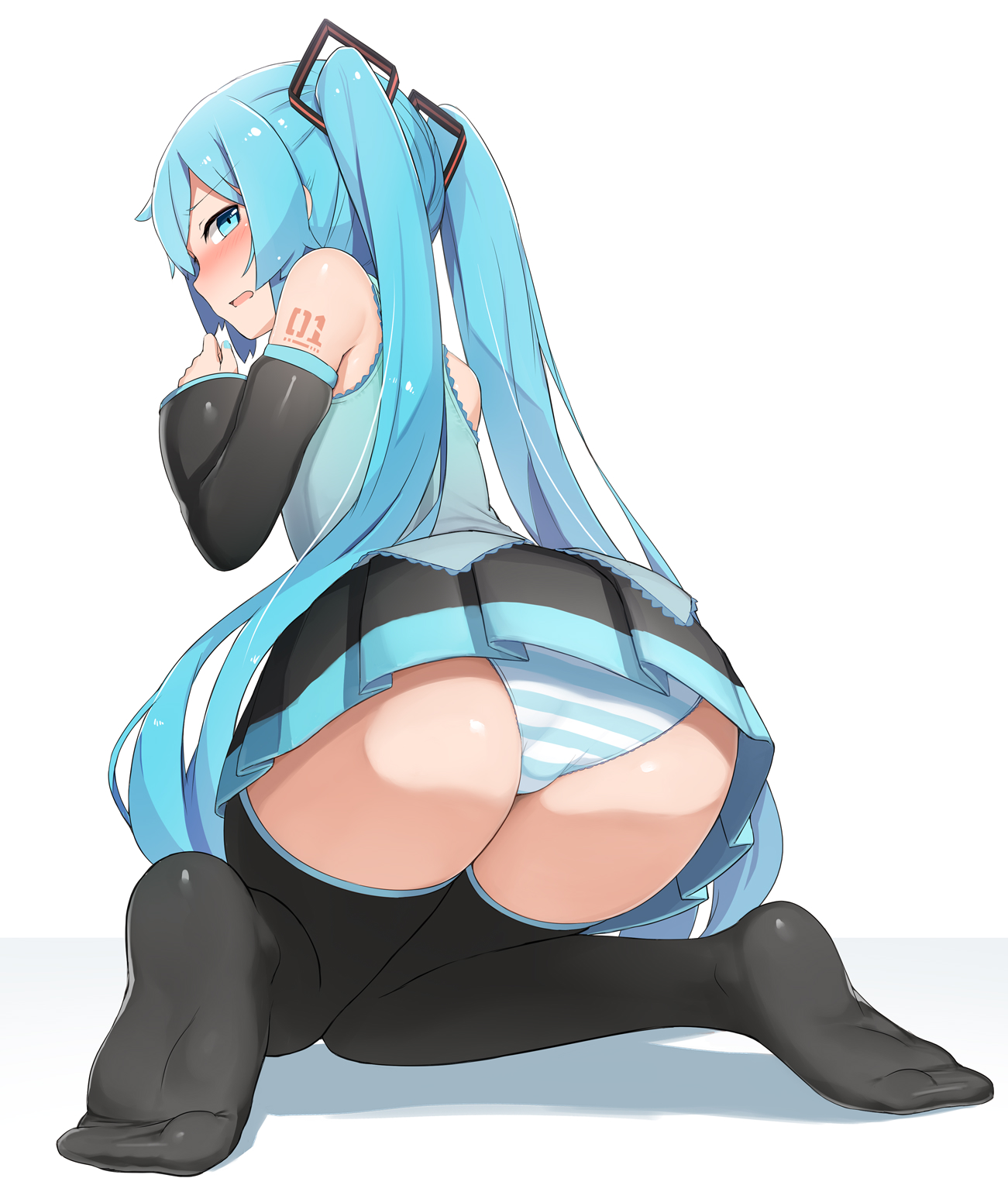 1girl, 1girls, abmayo, aqua eyes, aqua hair, ass, ass focus, bare shoulders, big ass, big butt, black thighhighs, blue and white, blue eyes, blue hair, blush, breasts, bubble ass, bubble butt, butt focus, detached sleeves, embarrassed, female, female only, from behind, hatsune miku, huge ass, huge butt, kneeling, large ass, long hair, long socks, looking at viewer, looking back, nail polish, no shoes, open mouth, panties, pleated skirt, simple background, skirt, small breasts, solo, striped, striped clothing, striped panties, stripes, tattoo, thighhighs, twintails, underwear, upskirt, very long hair, vocaloid, white background