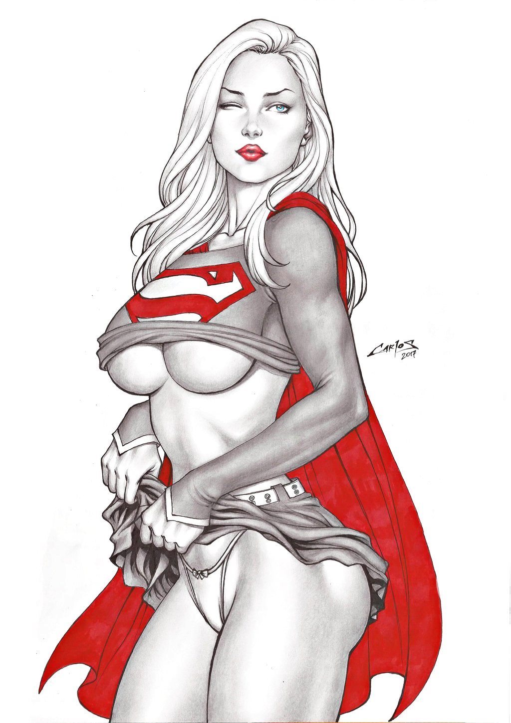 1girls, 2017, blue eyes, breasts, cape, carlos braga, dc, dc comics, ed benes studio, female, female only, kara zor-el, lipstick, long hair, looking at viewer, no bra, no bra under clothes, one eye closed, panties, red cape, signature, solo, supergirl, supergirl (volume 5), superheroine, superman (series), text, thick thighs, underboob, wink