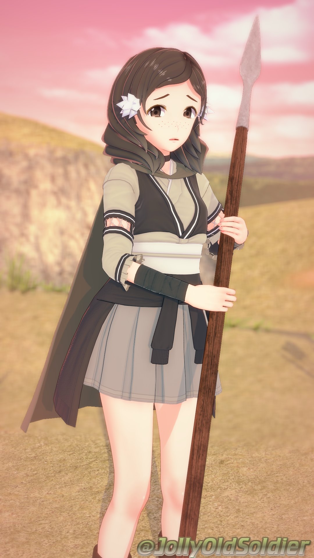 1girls 3d bare_legs breasts brown_eyes brown_hair cape female female_only fire_emblem fire_emblem_fates freckles frown jollyoldsoldier legs looking_at_viewer medium_hair mozu_(fire_emblem) nintendo open_mouth outdoors skirt small_breasts solo spear standing weapon