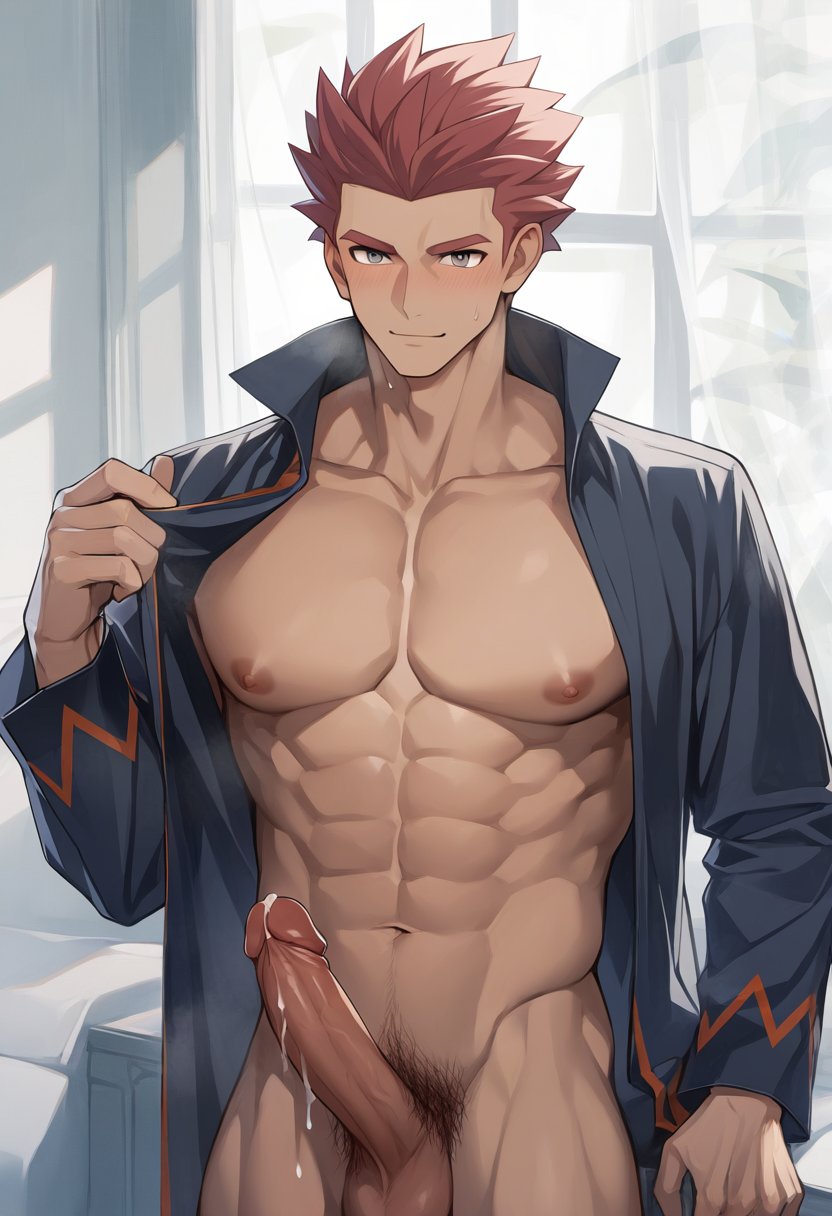 1boy abs ai_generated ai_golden_map balls belly_button coral_pink_hair cum cum_drip erect_penis hard_on lance_(pokemon) male_only muscular muscular_male nipples novelai pecs penis pokemon pokemon_gsc pokemon_hgss pubic_hair red_hair tagme