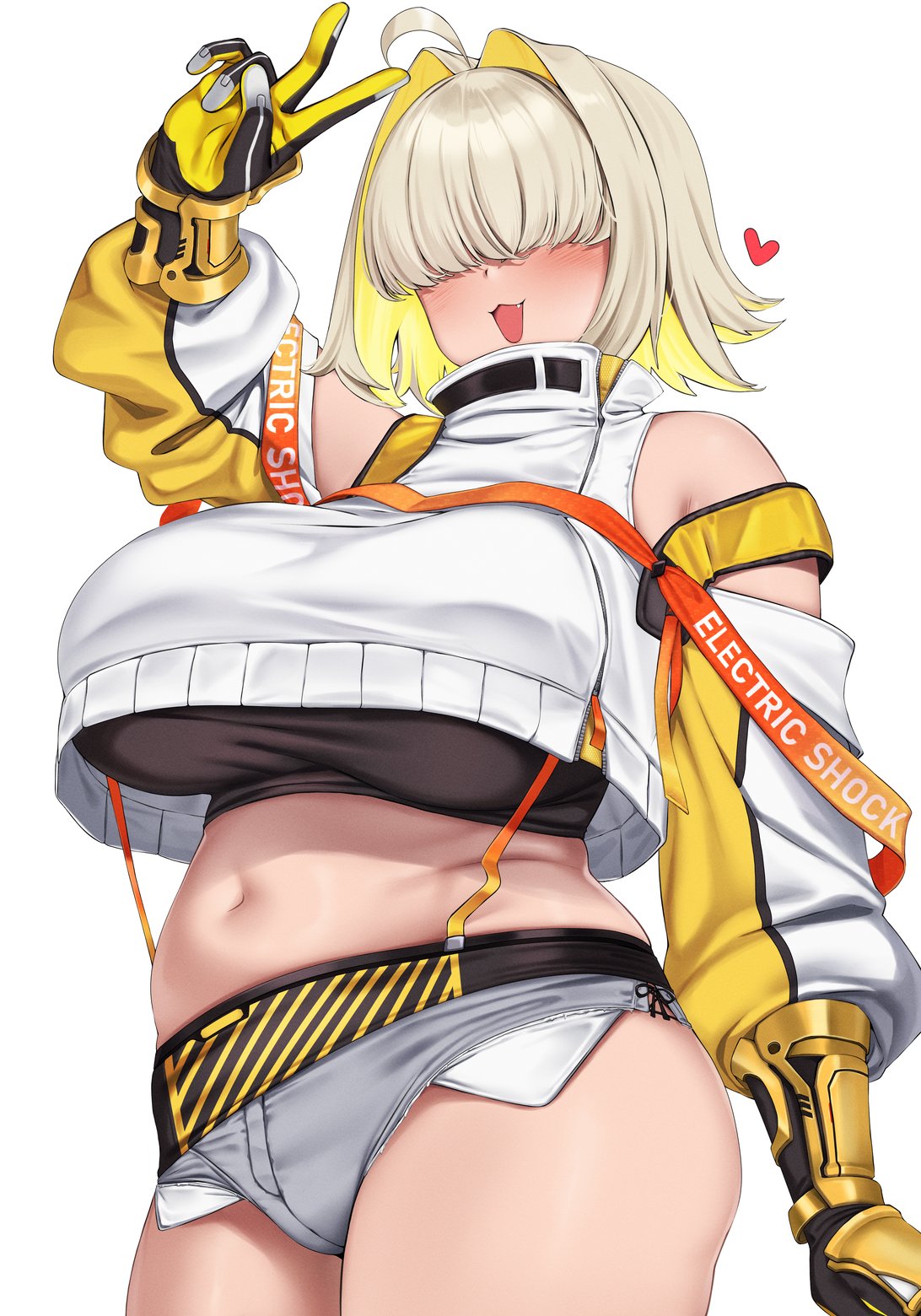 :3, 1girls, ahoge, bare shoulders, big breasts, blonde hair, blush, breasts, busty, curvaceous, curvy, curvy body, curvy female, curvy figure, cute fang, elegg (nikke), female, gloves, goddess of victory: nikke, hair over eyes, huge breasts, large breasts, moisture (chichi), peace sign, short shorts, shorts, two-tone hair, v, v sign, voluptuous