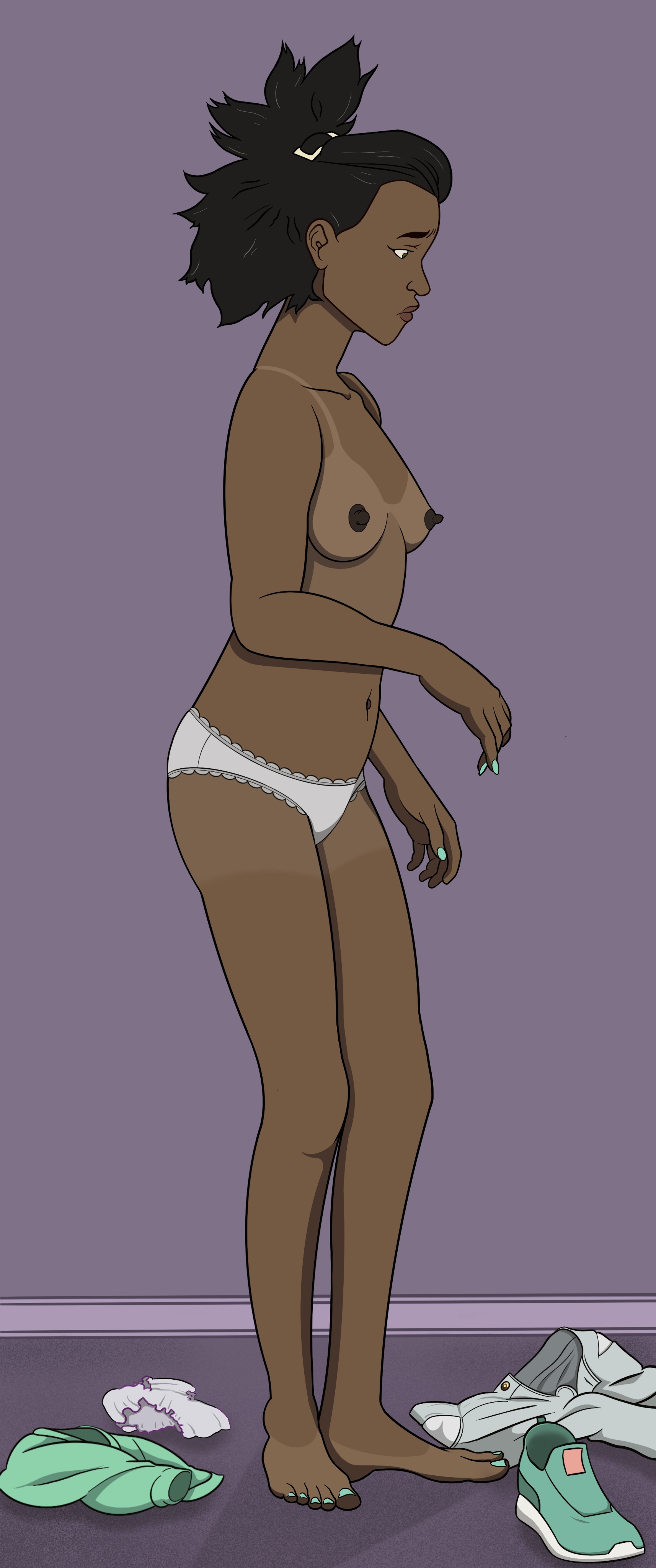 1girls, amazon prime, amber bennett, black body, black female, black nipples, breasts, clothes on floor, clothes removed, female, female only, green nail polish, green nails, human, invincible, invincible (tv series), naked, nude, panties, solo, tanline, underwear, underwear only, white panties