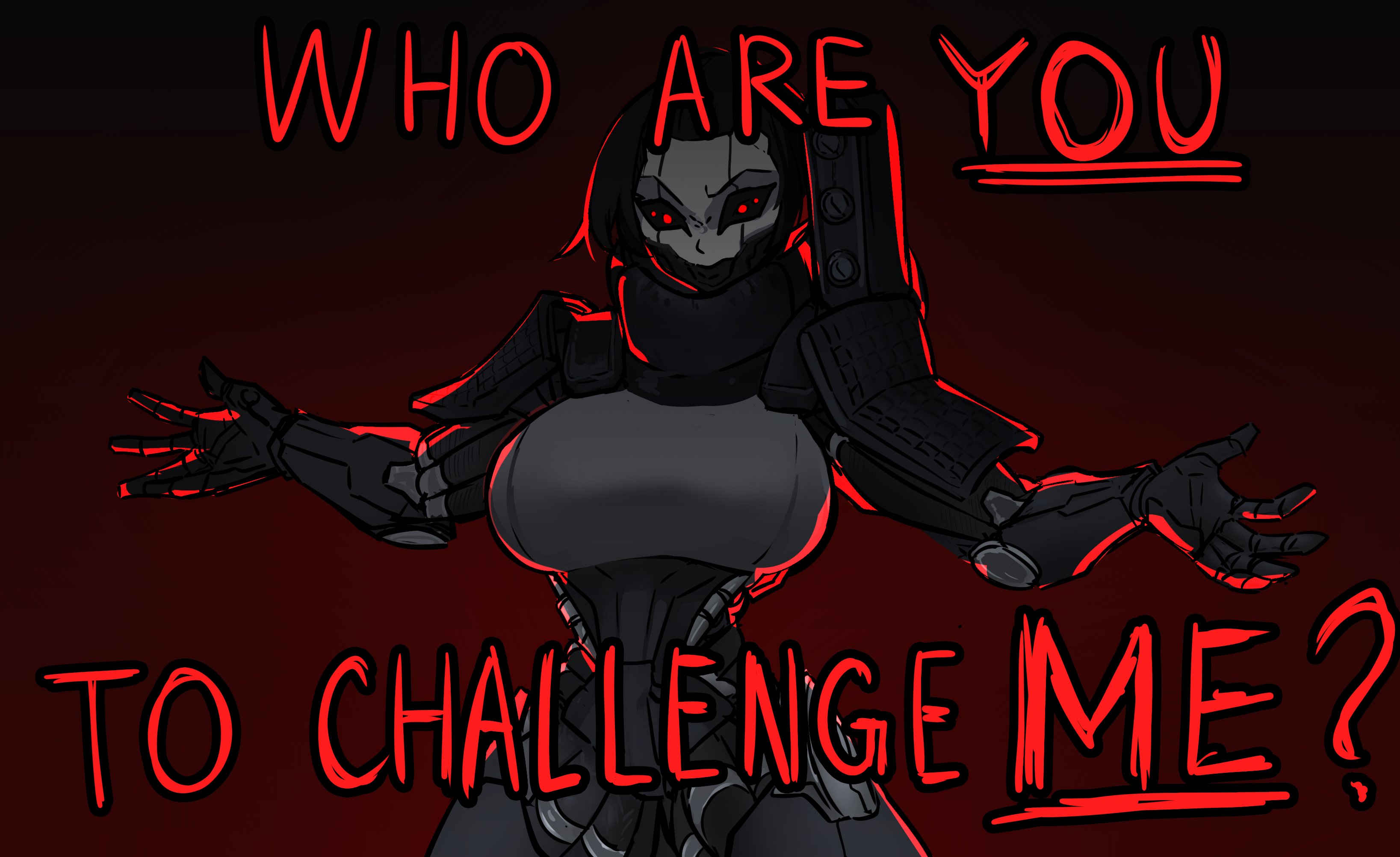 1girls, adam smasher, armor, big breasts, breasts, cd projekt red, centurii-chan, cybernetics, cyberpunk 2077, cyberpunk: edgerunners, cyborg, dialogue, english text, female, female only, femdom, genderswap, genderswap (mtf), gun, looking at viewer, netflix, red eyes, rule 63, studio trigger, talking to viewer, text, weapon