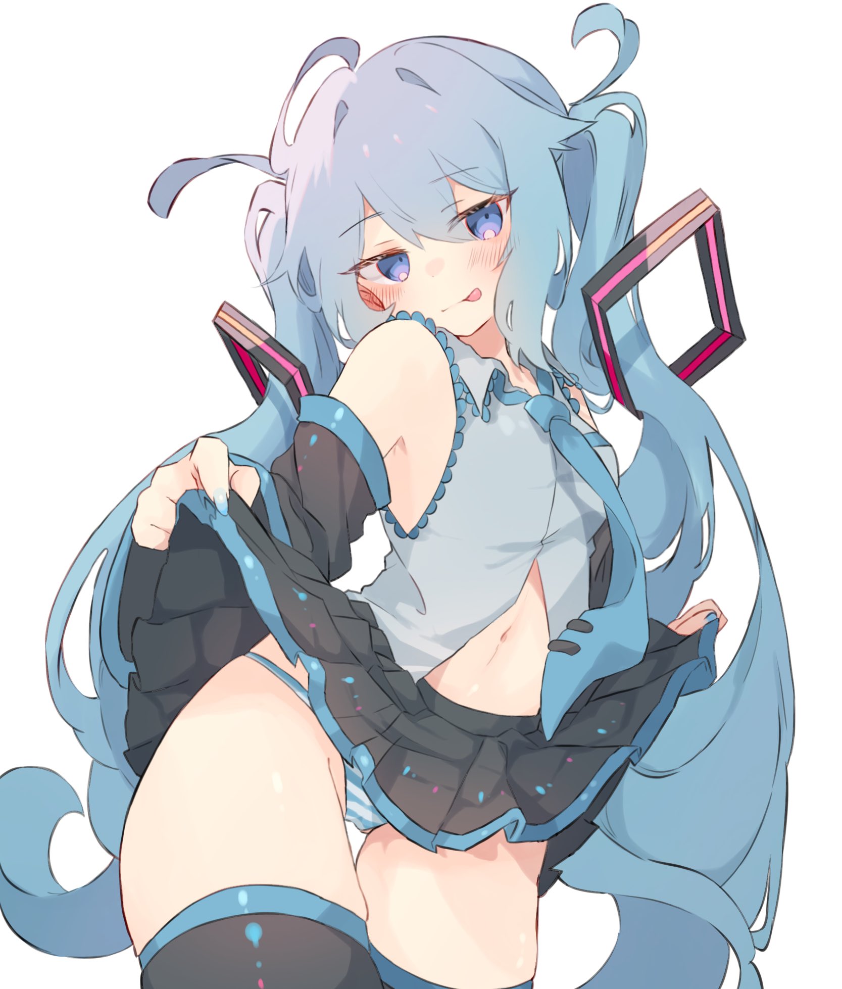 :p, 1girl, ahoge, bangs, bare shoulders, black skirt, black thighhighs, blue eyes, blue hair, blue nails, blue necktie, blush, breasts, button down shirt, clothed, clothes lift, collared shirt, cowboy shot, detached sleeves, female, hair ornament, hatsune miku, lifted by self, light skin, light-skinned female, long hair, looking at viewer, nail polish, navel, nec02k, necktie, painted nails, panties, pleated skirt, shirt, simple background, skirt, skirt lift, sleeveless, sleeveless shirt, small breasts, smile, solo, striped, striped panties, thighhighs, thighs, tie, tongue, tongue out, twintails, underwear, undressing, very long hair, vocaloid, white background