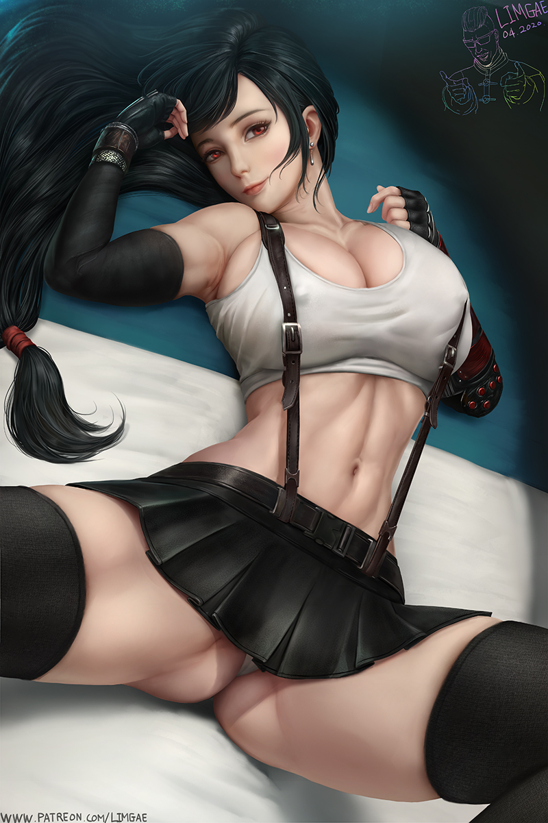 1girls, abs, big breasts, black hair, breasts, cleavage, clothing, erect nipples, female, female only, final fantasy, final fantasy vii, large breasts, limgae, looking at viewer, nipples, panties, red eyes, skirt, solo, spread legs, thighhighs, tifa lockhart