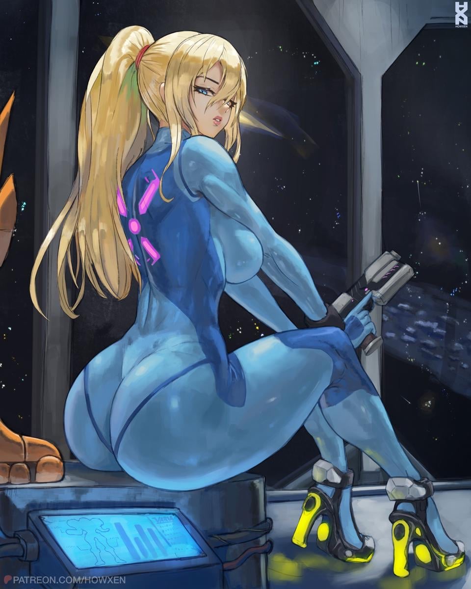 1girls ass ass_focus big_ass big_butt bimbo blonde_hair blue_eyes clothed clothing disgusted female female_focus female_only fully_clothed gun high_heels howxen huge_ass huge_butt light-skinned_female light_skin lips looking_back metroid samus_aran sitting solo solo_female space spaceship spacesuit thick_ass thick_legs thick_thighs tight_clothes tight_clothing tight_fit zero_suit zero_suit_samus