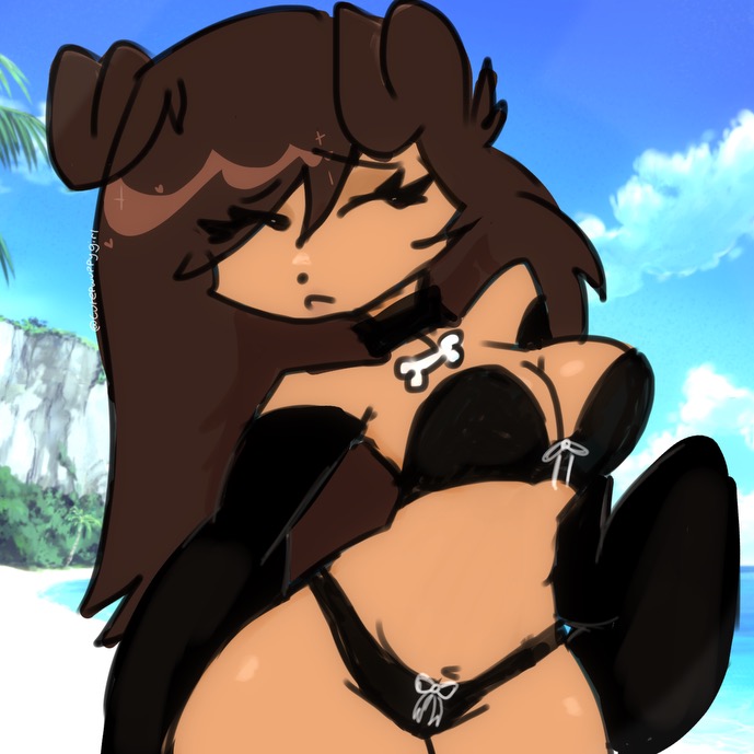 big_breasts black_bikini black_panties black_sleeves bone_necklace bow_bra bow_panties brown_eyes brown_hair brown_tail collar cute ibispaint puppygirl safe_for_work thick_thighs tight_clothing