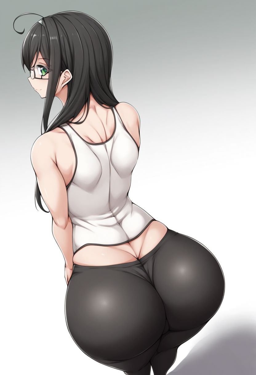 1girls ai_generated black_hair from_behind glasses green_eyes huge_ass jema_(style) long_hair looking_at_viewer midriff original pants self_upload simple_background skin_tight tank_top white_tank_top yoga_pants