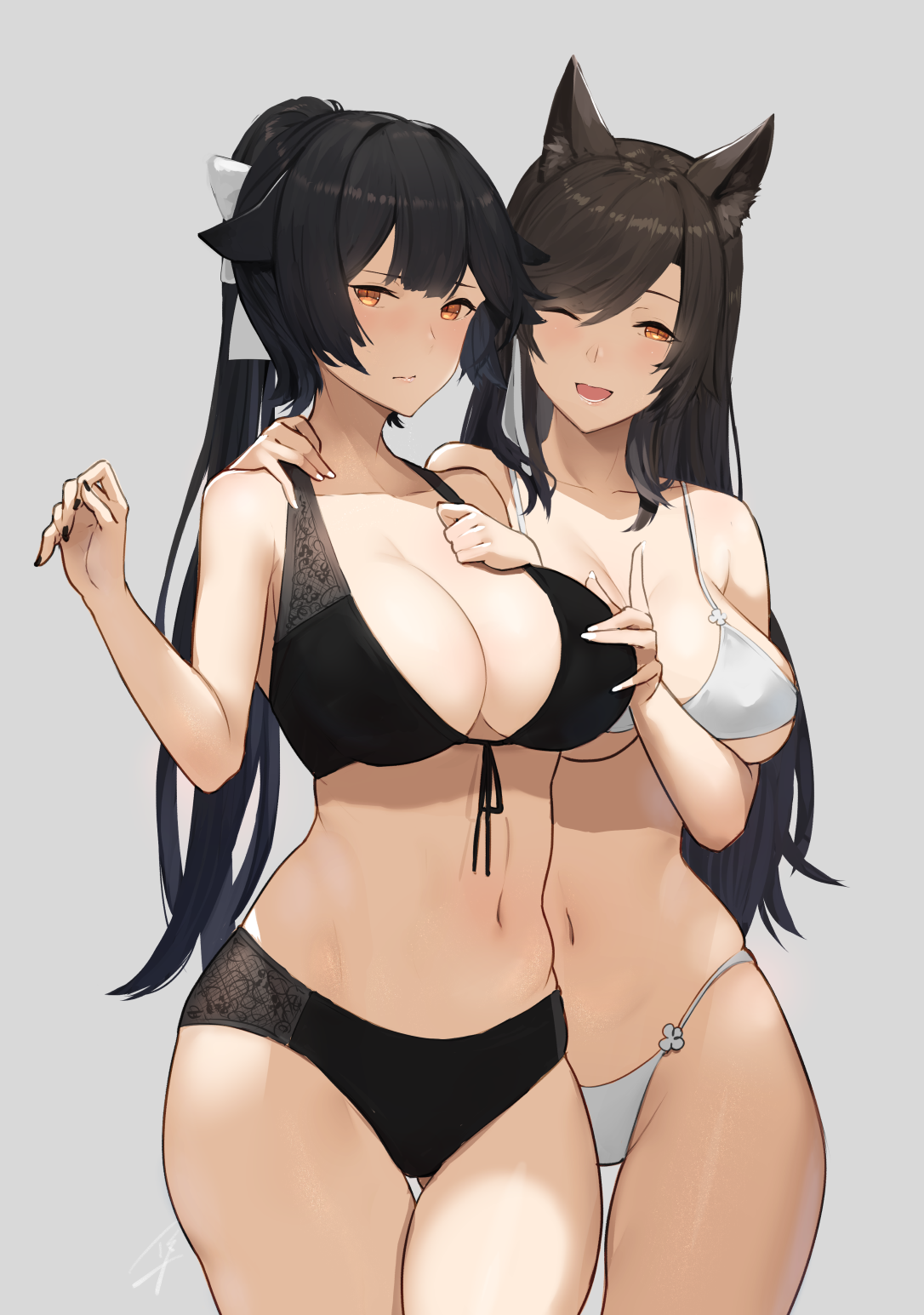 atago (azur lane), azur lane, black bra, black hair, black panties, black underwear, female, sisters, takao (azur lane), white bra, white panties, white underwear, yellow eyes
